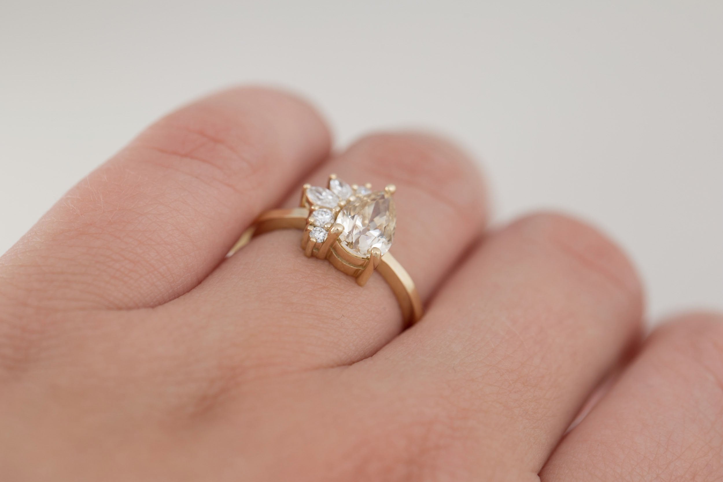 Dahlia Ring | Champagne Pear Cut Diamond + Diamond Cluster Engagement Ring 1.17 ct | 14k Recycled Gold | One of a Kind