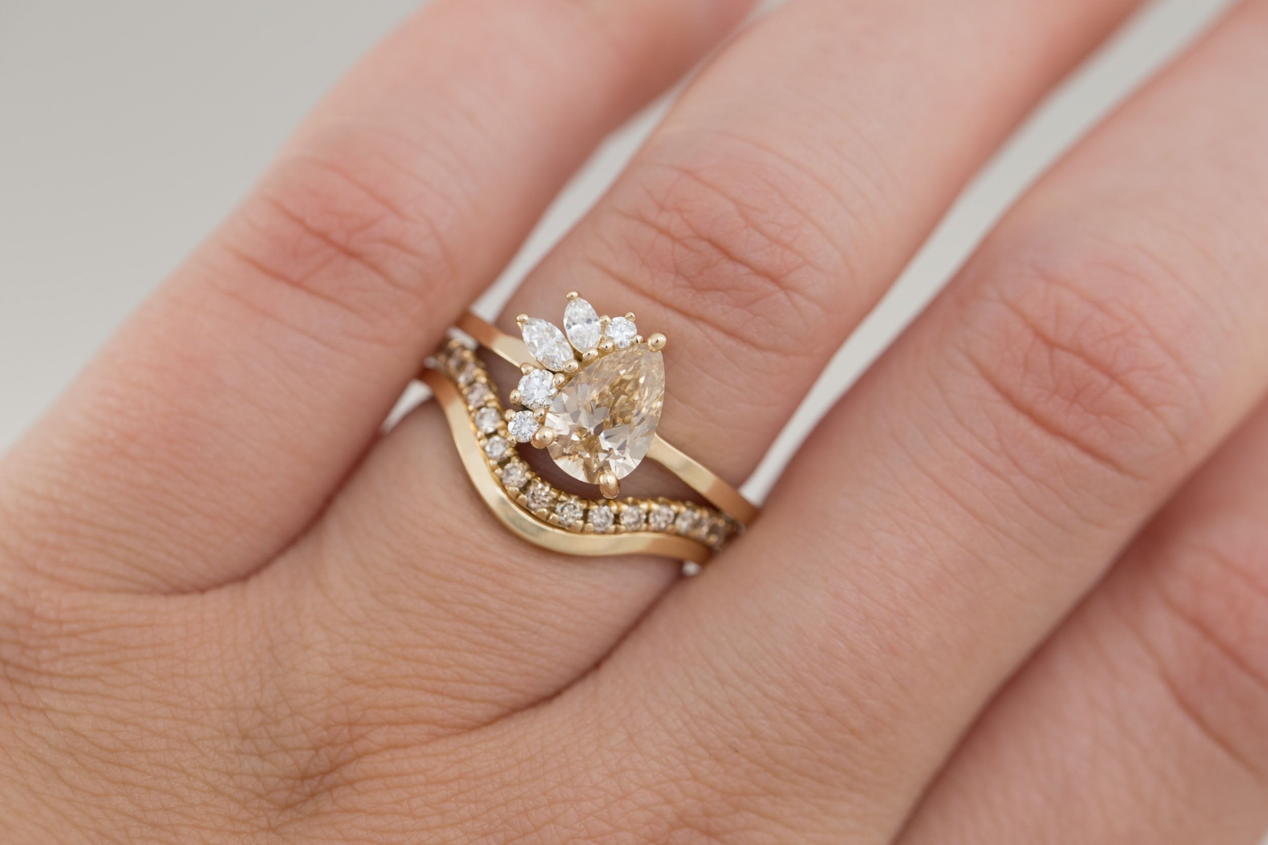 Dahlia Ring | Champagne Pear Cut Diamond + Diamond Cluster Engagement Ring 1.17 ct | 14k Recycled Gold | One of a Kind