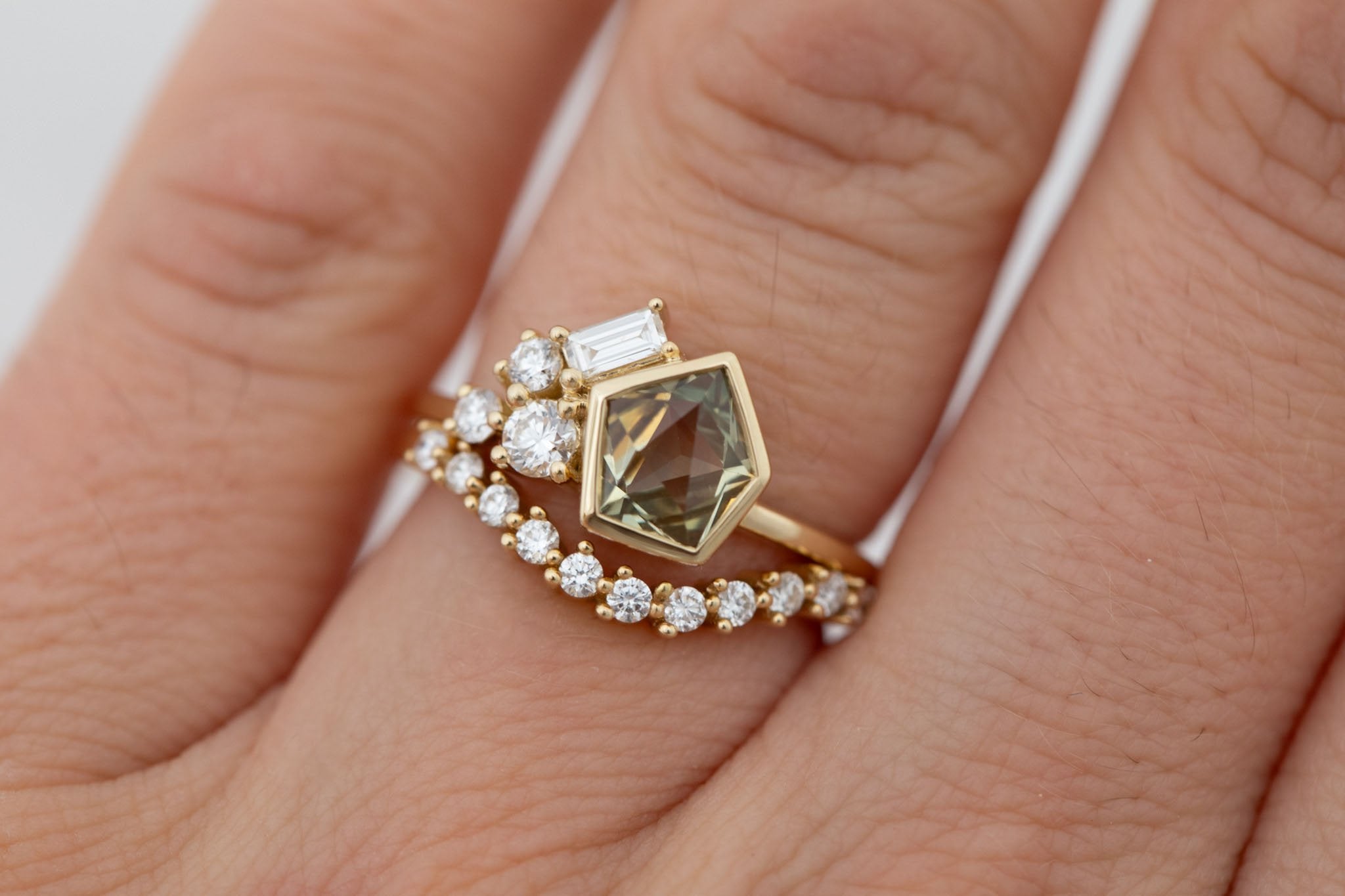 Sarria Ring | Yellow Green Geocut Sapphire + Diamond Cluster Engagement Ring 1.20 ct | 14k Recycled Gold | One of a Kind
