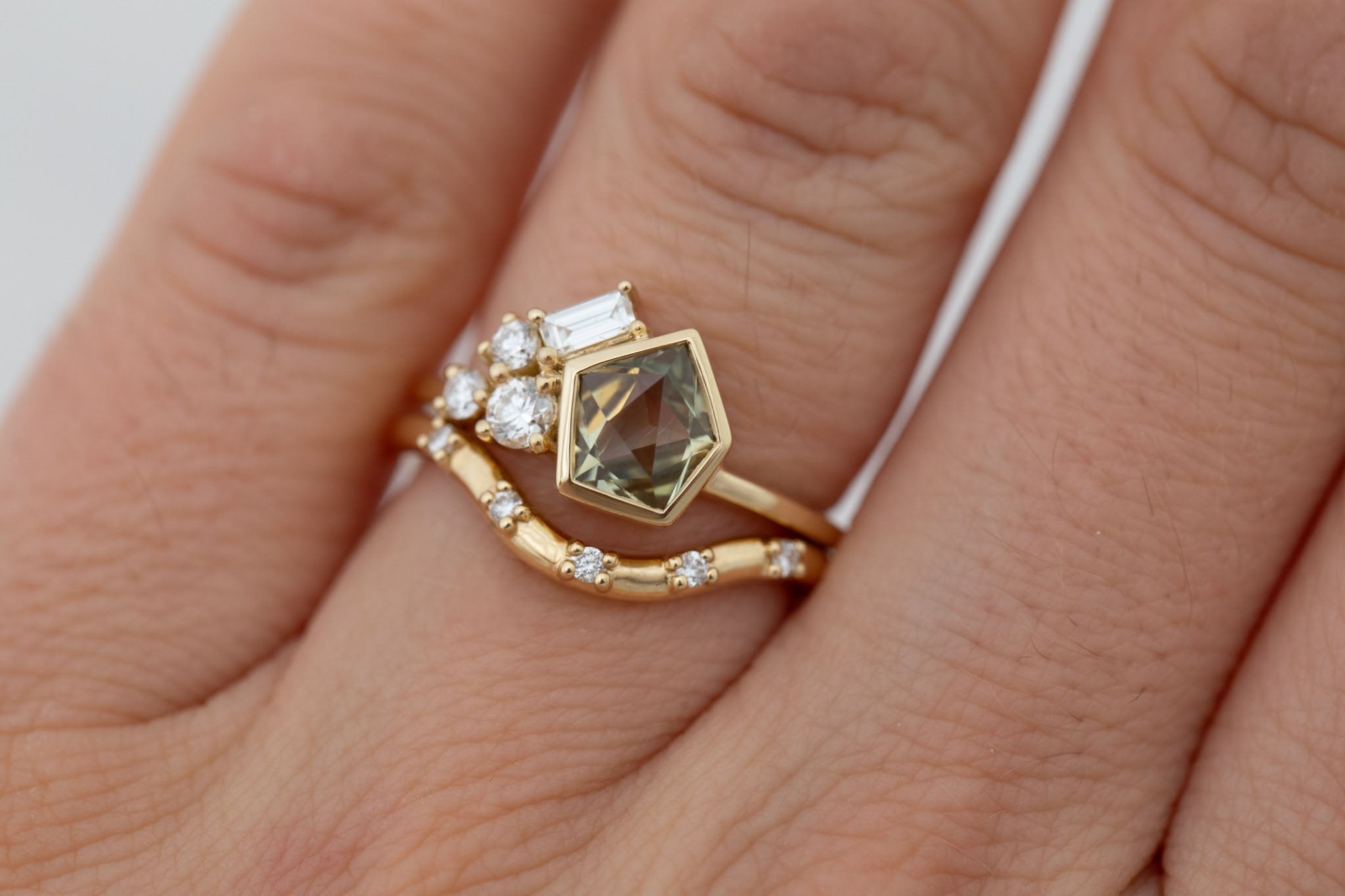 Sarria Ring | Yellow Green Geocut Sapphire + Diamond Cluster Engagement Ring 1.20 ct | 14k Recycled Gold | One of a Kind