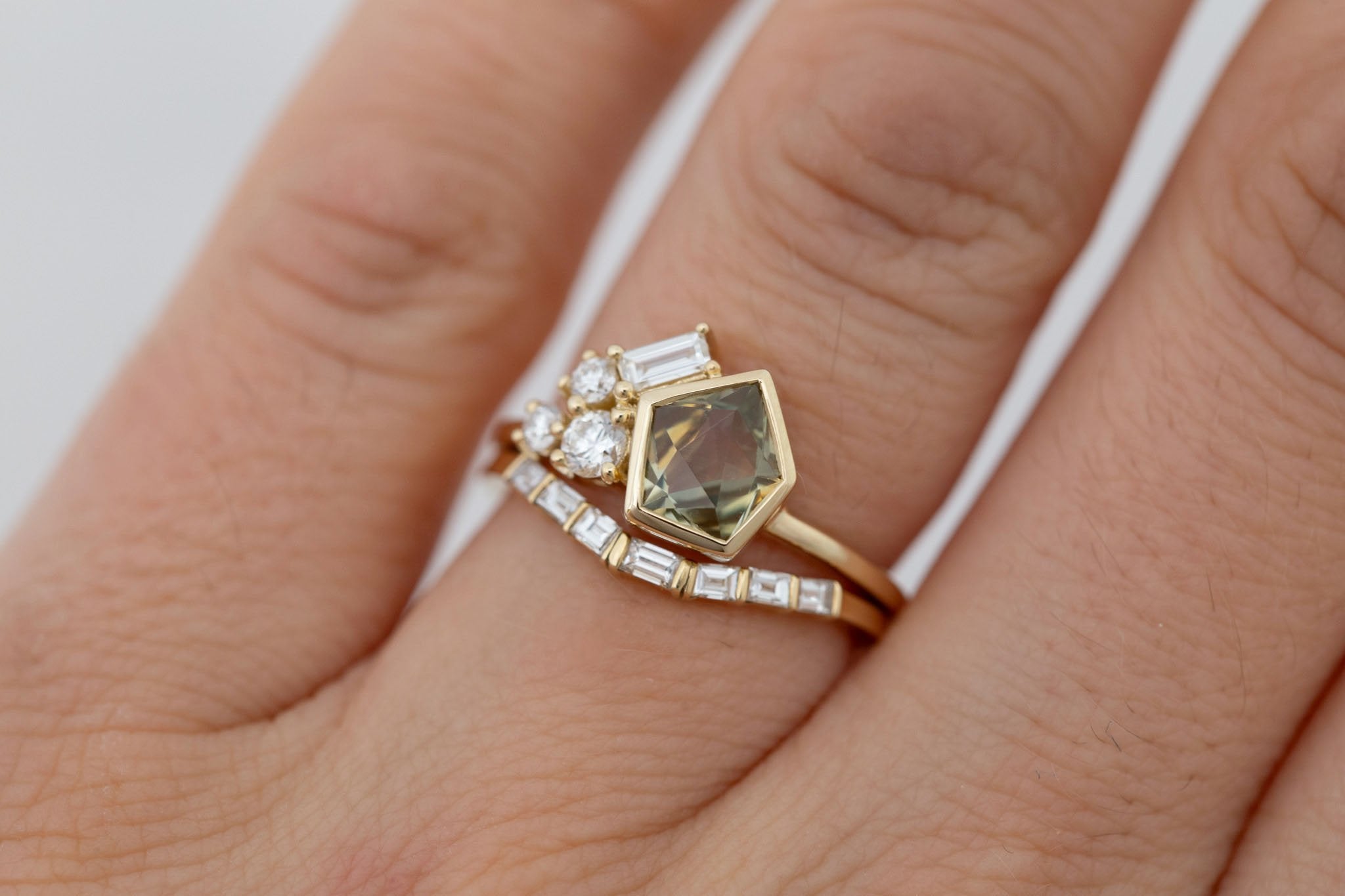 Sarria Ring | Yellow Green Geocut Sapphire + Diamond Cluster Engagement Ring 1.20 ct | 14k Recycled Gold | One of a Kind