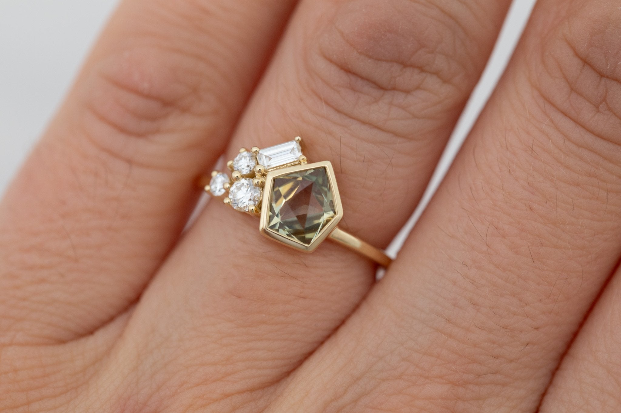 Sarria Ring | Yellow Green Geocut Sapphire + Diamond Cluster Engagement Ring 1.20 ct | 14k Recycled Gold | One of a Kind