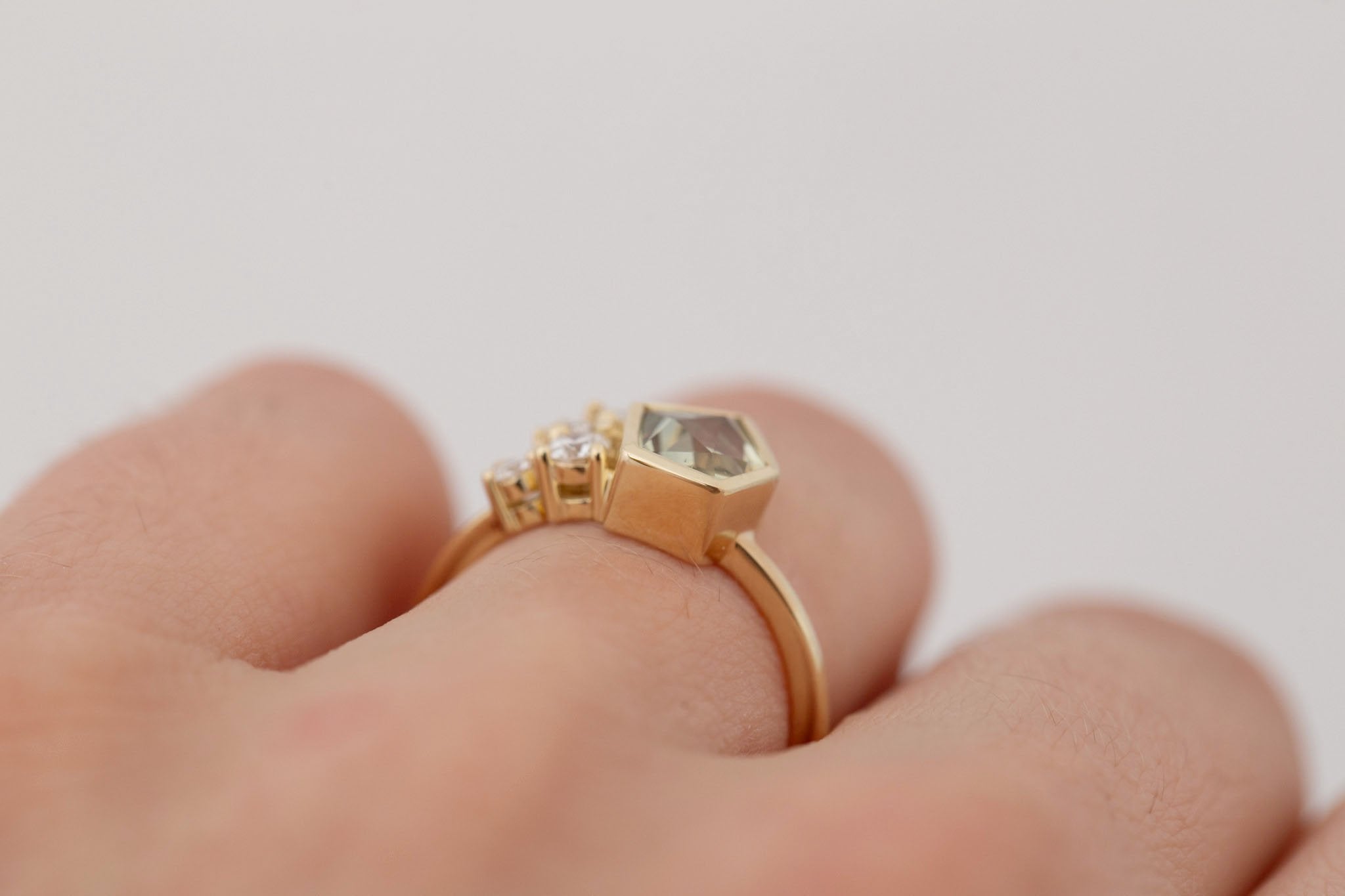 Sarria Ring | Yellow Green Geocut Sapphire + Diamond Cluster Engagement Ring 1.20 ct | 14k Recycled Gold | One of a Kind