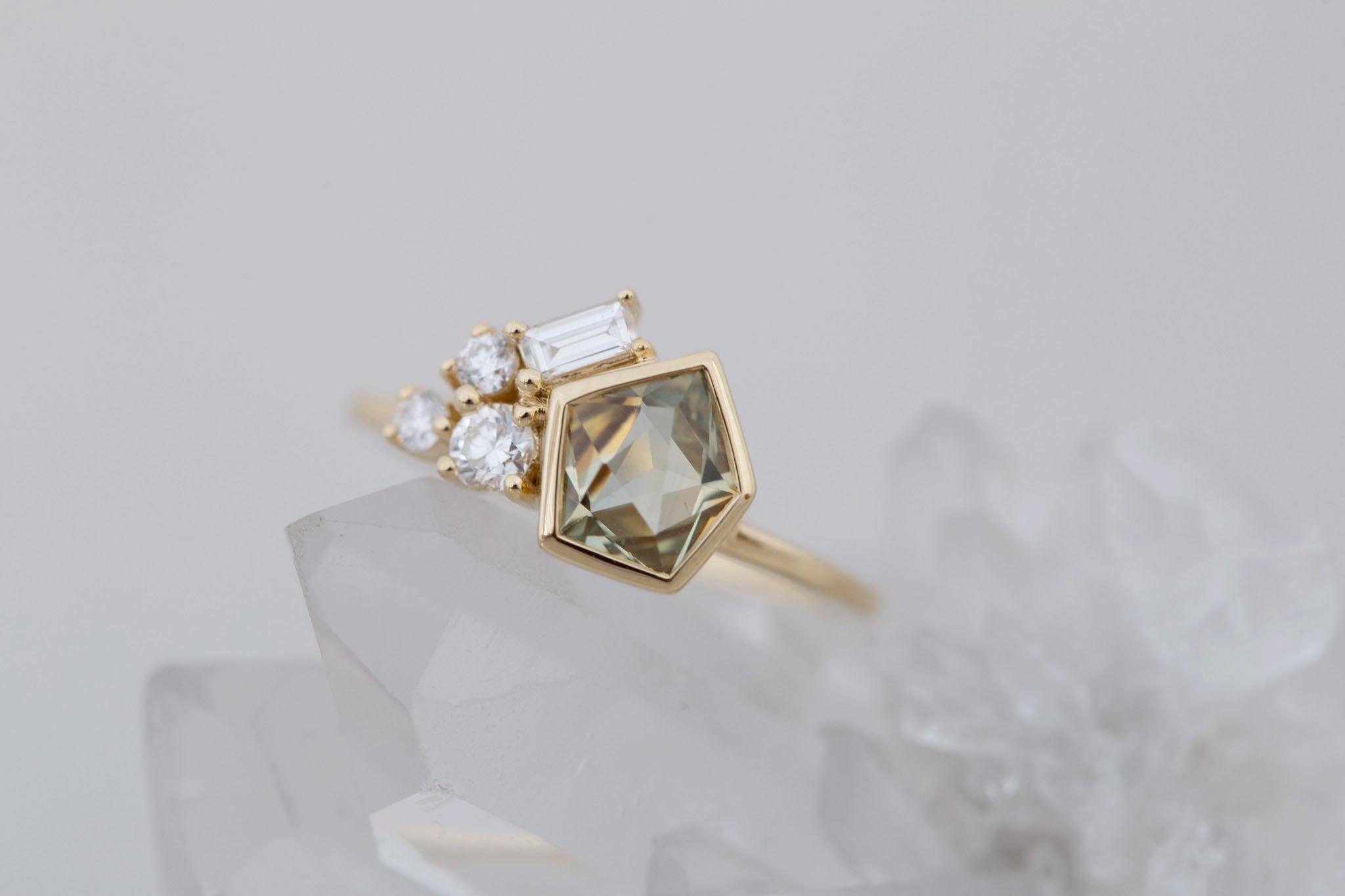 Sarria Ring | Yellow Green Geocut Sapphire + Diamond Cluster Engagement Ring 1.20 ct | 14k Recycled Gold | One of a Kind