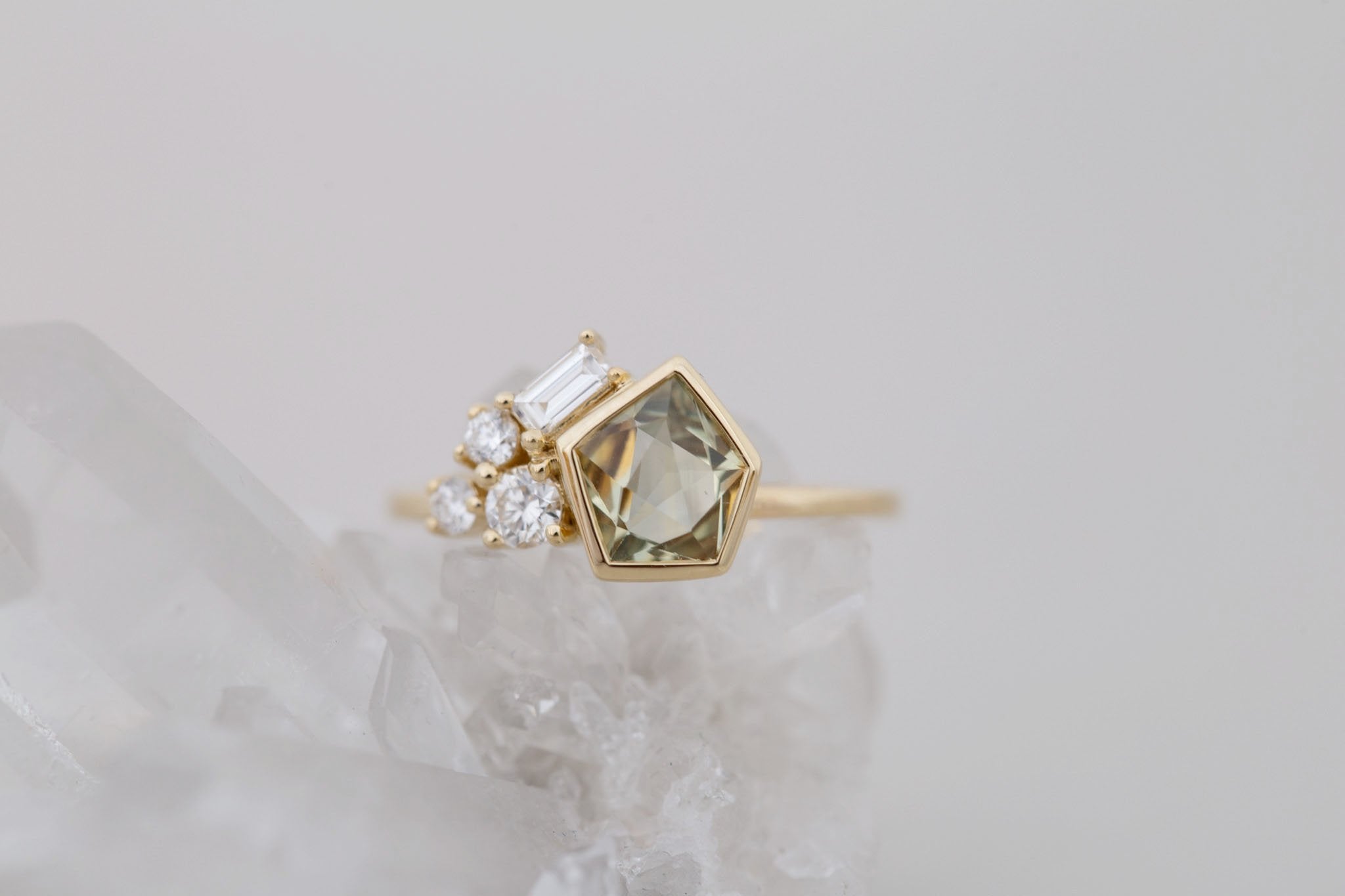Sarria Ring | Yellow Green Geocut Sapphire + Diamond Cluster Engagement Ring 1.20 ct | 14k Recycled Gold | One of a Kind