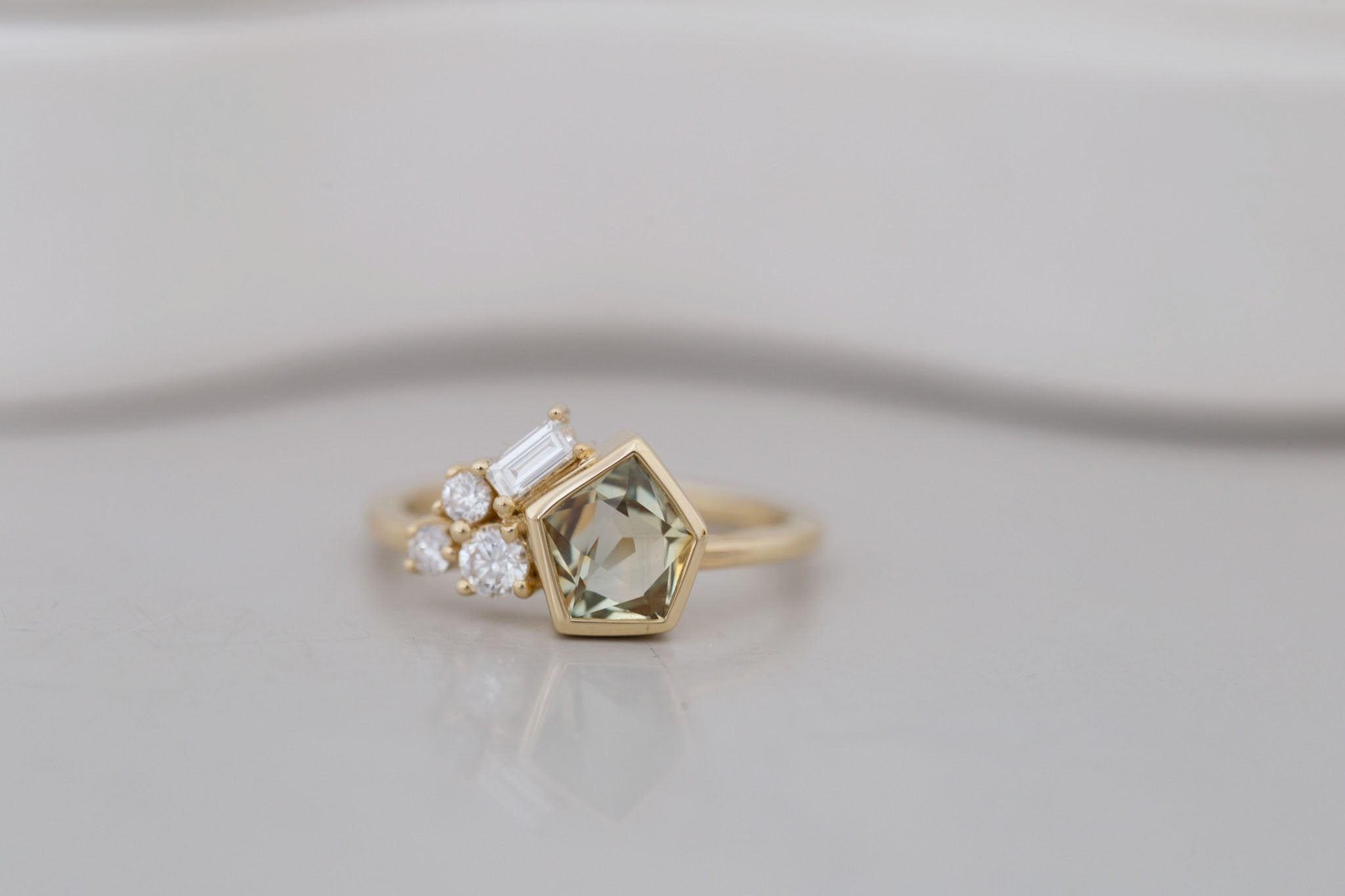 Sarria Ring | Yellow Green Geocut Sapphire + Diamond Cluster Engagement Ring 1.20 ct | 14k Recycled Gold | One of a Kind