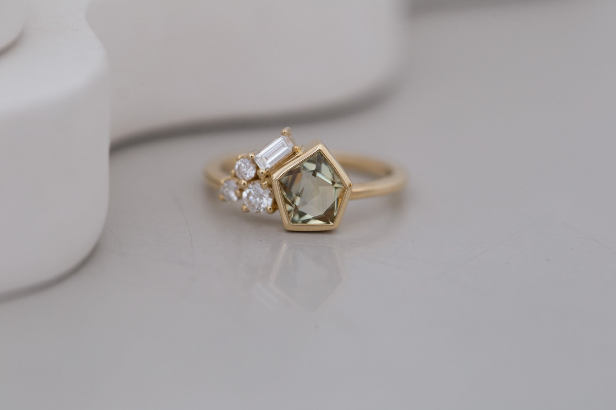 Sarria Ring | Yellow Green Geocut Sapphire + Diamond Cluster Engagement Ring 1.20 ct | 14k Recycled Gold | One of a Kind