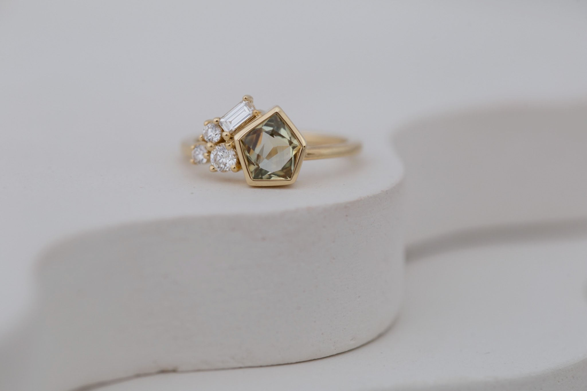 Sarria Ring | Yellow Green Geocut Sapphire + Diamond Cluster Engagement Ring 1.20 ct | 14k Recycled Gold | One of a Kind