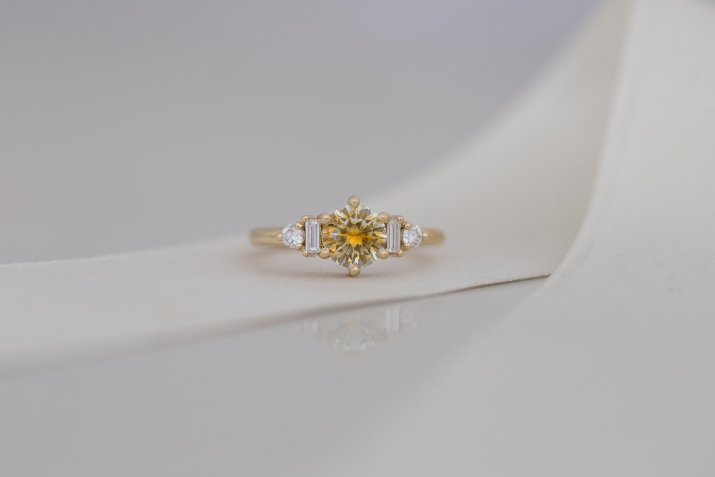 Alsea Ring | Bicolor Montana Sapphire + Baguette and Round Diamond Accent Engagement Ring 1.21 ct | 14k Recycled Gold | One of a Kind
