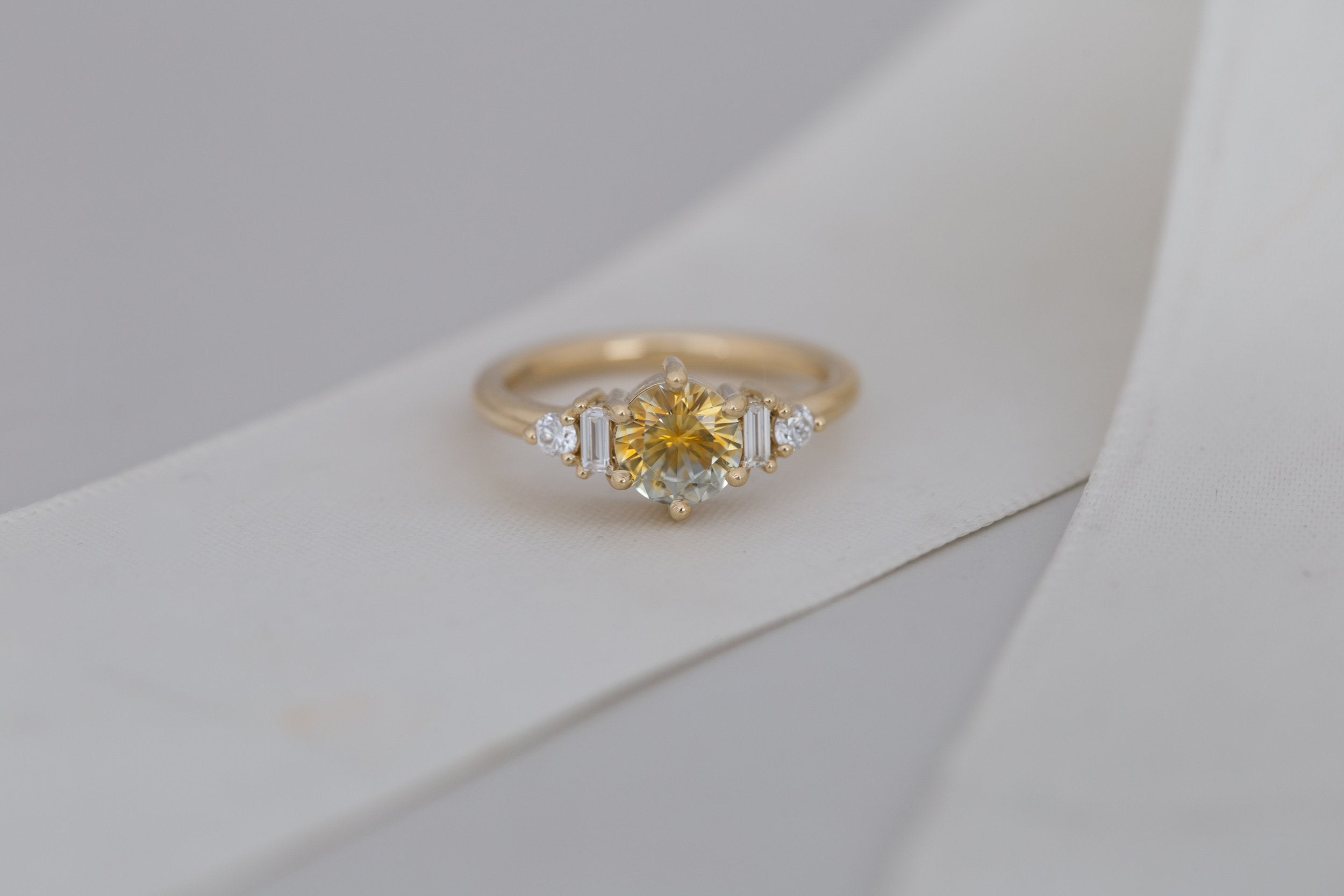 Alsea Ring | Bicolor Montana Sapphire + Baguette and Round Diamond Accent Engagement Ring 1.21 ct | 14k Recycled Gold | One of a Kind