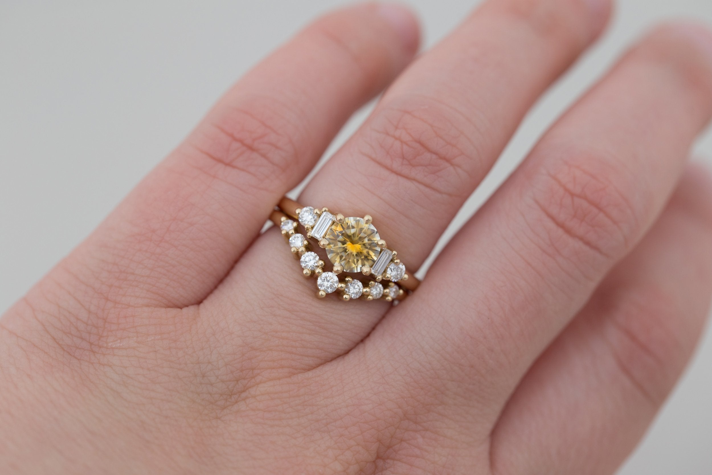 Alsea Ring | Bicolor Montana Sapphire + Baguette and Round Diamond Accent Engagement Ring 1.21 ct | 14k Recycled Gold | One of a Kind