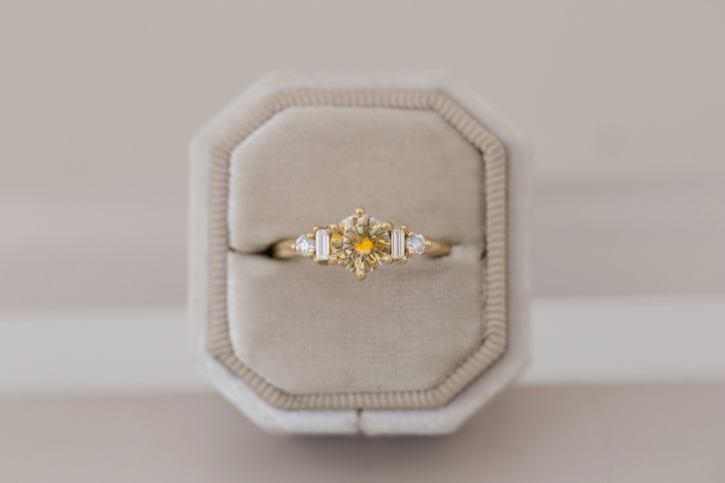 Alsea Ring | Bicolor Montana Sapphire + Baguette and Round Diamond Accent Engagement Ring 1.21 ct | 14k Recycled Gold | One of a Kind