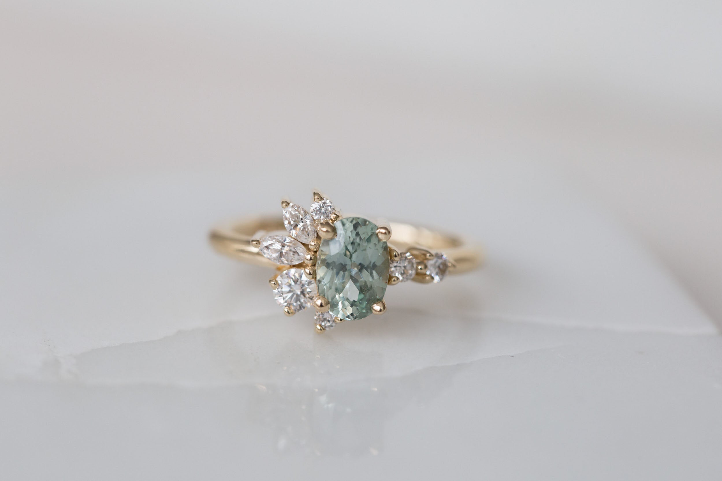 Ambretta Ring | Oval Mint Sapphire + Diamond Cluster Engagement Ring | 14k Recycled Gold | One of a Kind