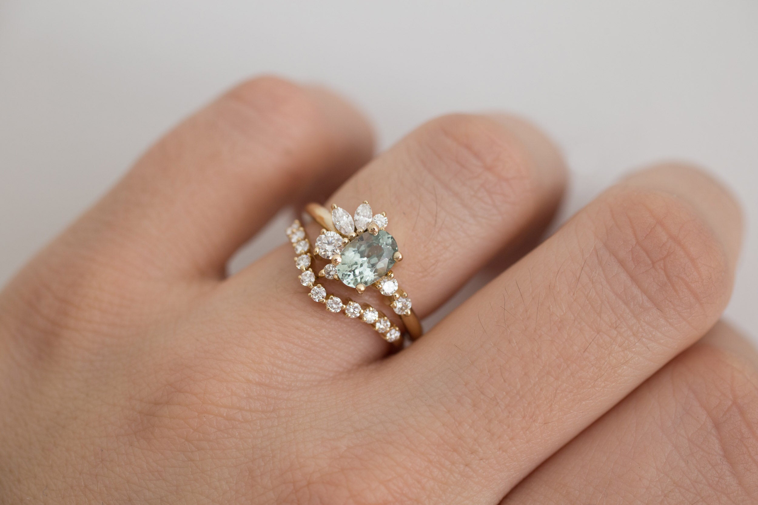 Ambretta Ring | Oval Mint Sapphire + Diamond Cluster Engagement Ring | 14k Recycled Gold | One of a Kind