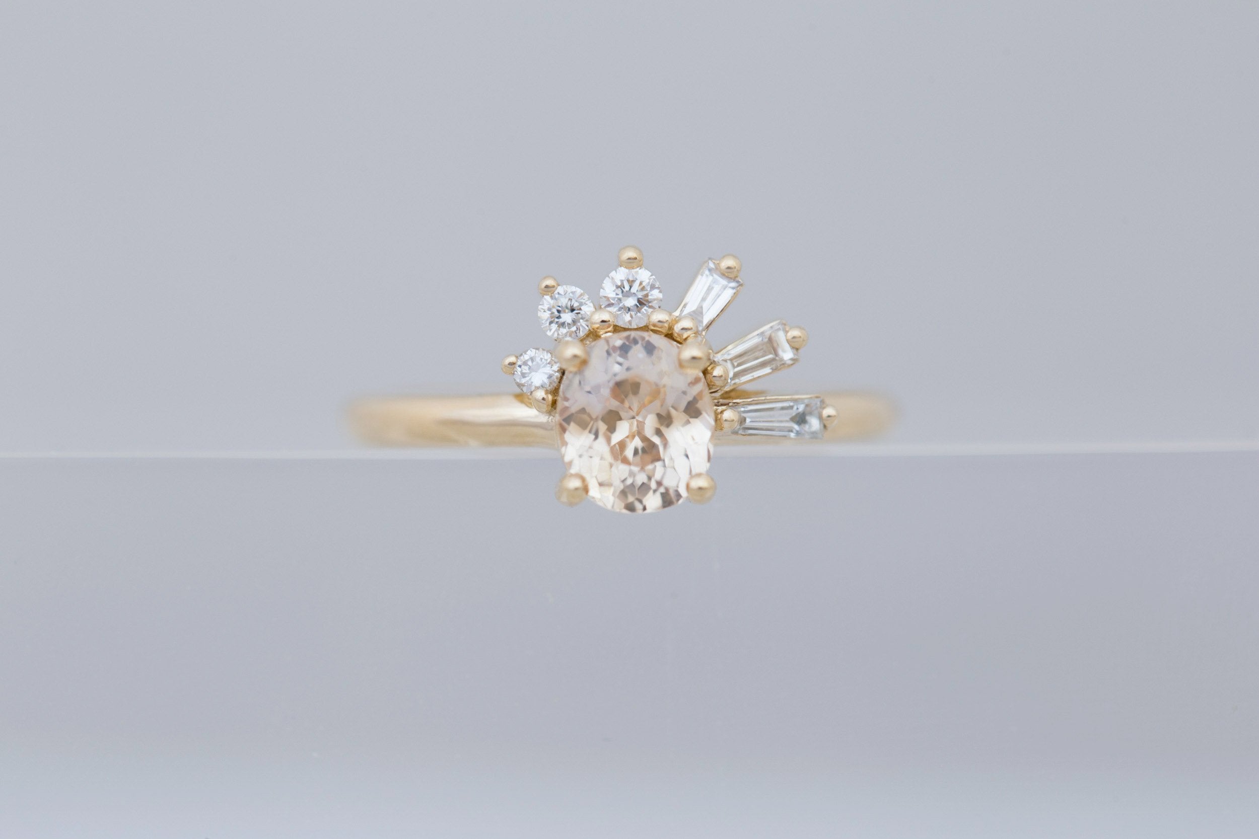 Sol Ring | Apricot Oval Sapphire + Baguette and Round Diamond Cluster Engagement Ring 1.21 ct | 14k Recycled Gold | One of a Kind