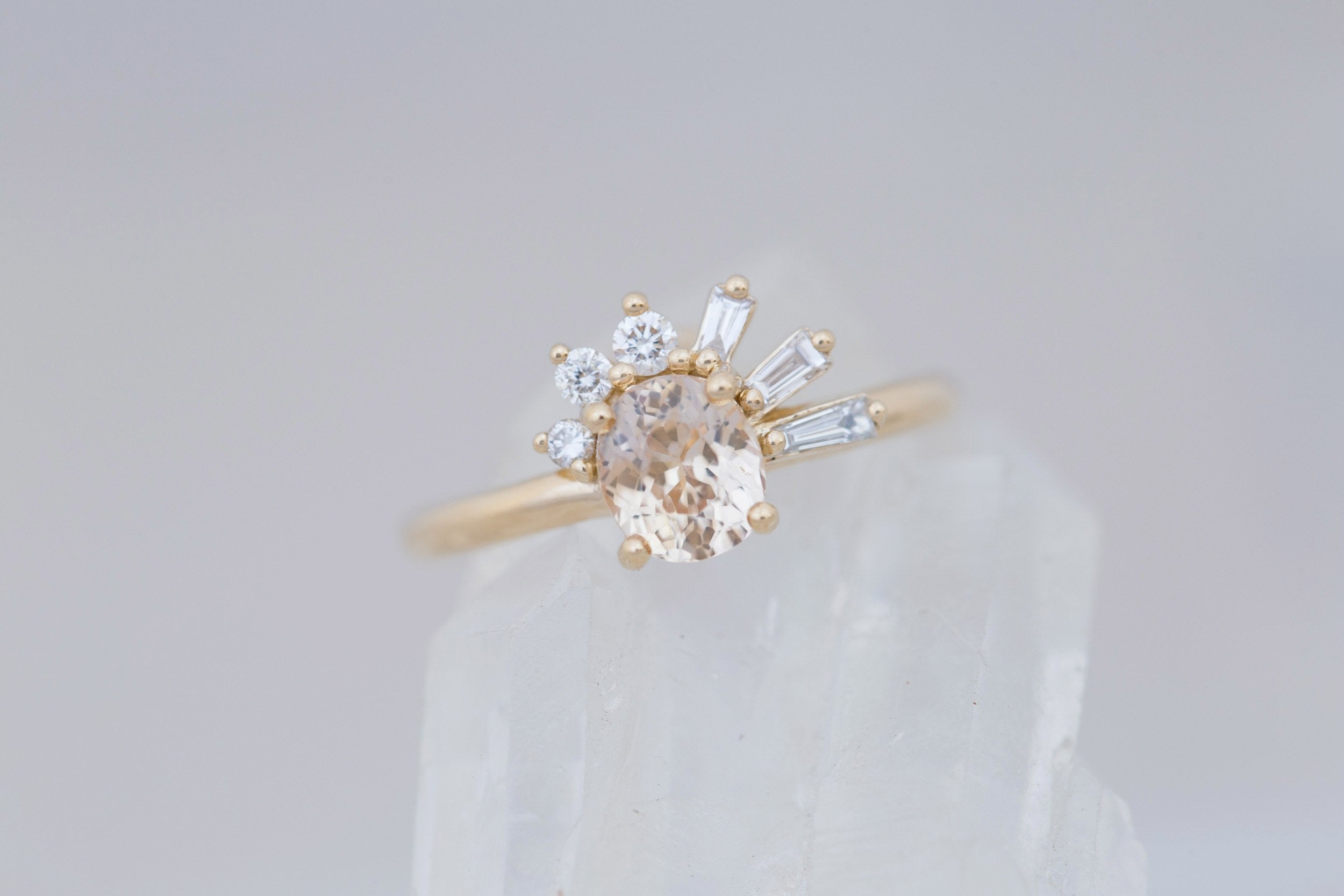 Sol Ring | Apricot Oval Sapphire + Baguette and Round Diamond Cluster Engagement Ring 1.21 ct | 14k Recycled Gold | One of a Kind