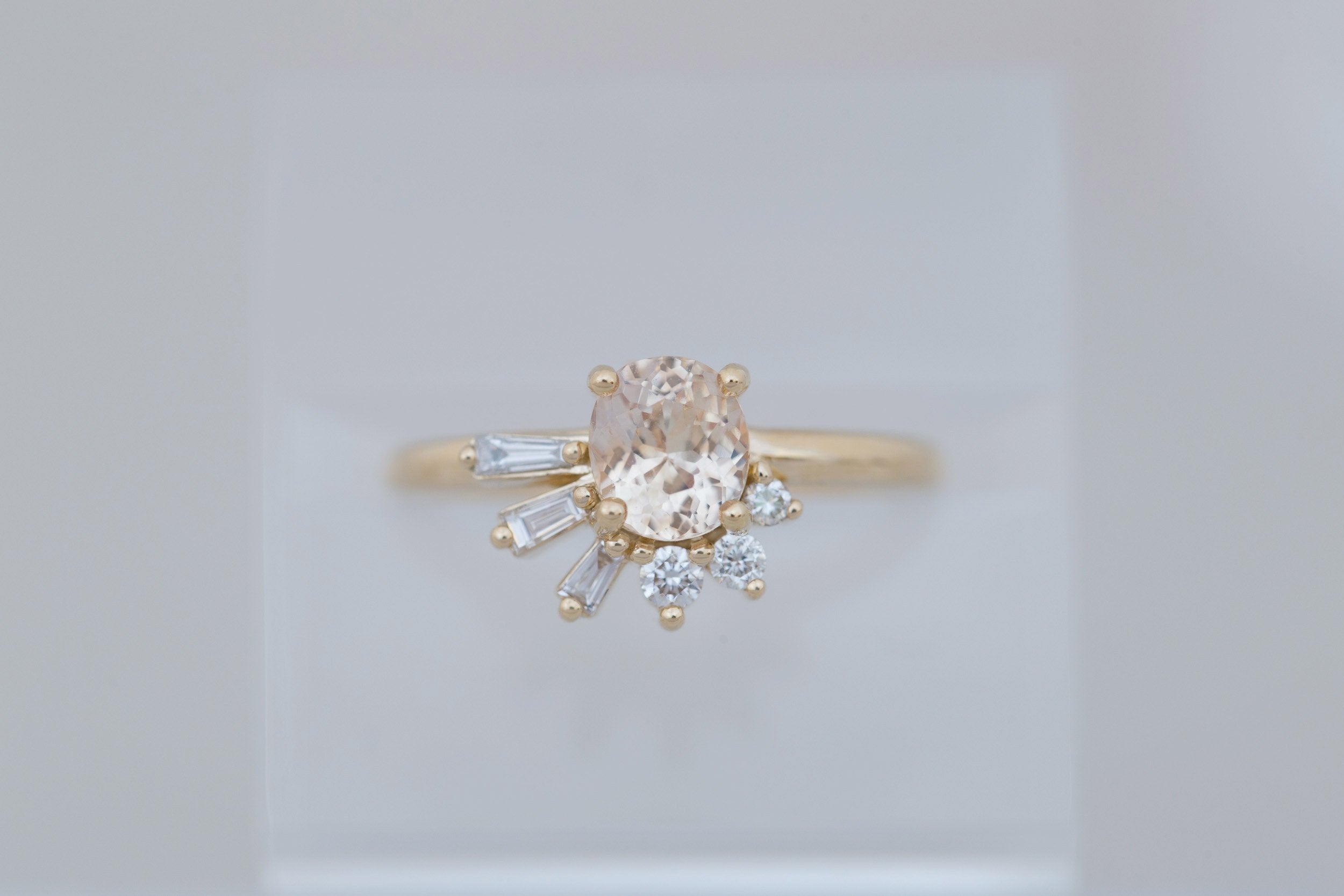 Sol Ring | Apricot Oval Sapphire + Baguette and Round Diamond Cluster Engagement Ring 1.21 ct | 14k Recycled Gold | One of a Kind