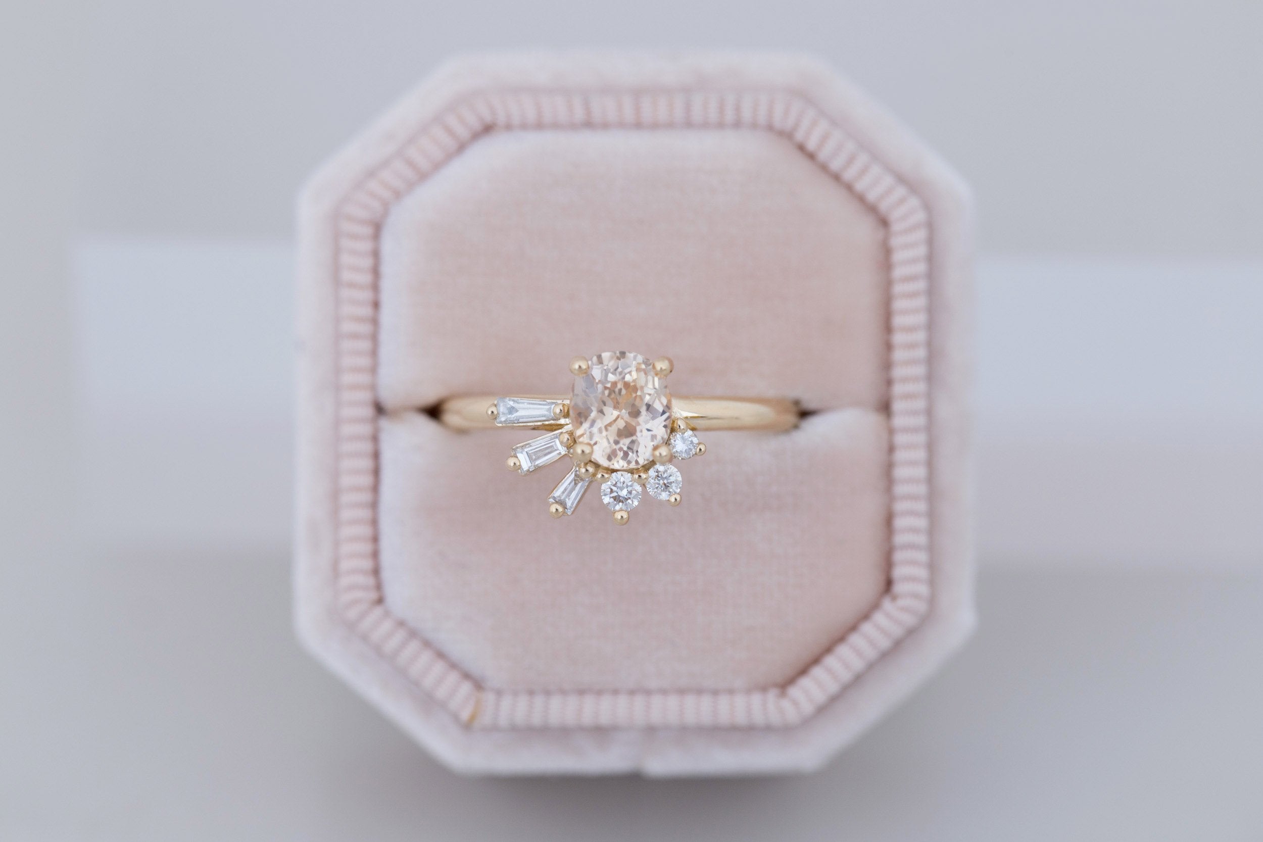 Sol Ring | Apricot Oval Sapphire + Baguette and Round Diamond Cluster Engagement Ring 1.21 ct | 14k Recycled Gold | One of a Kind