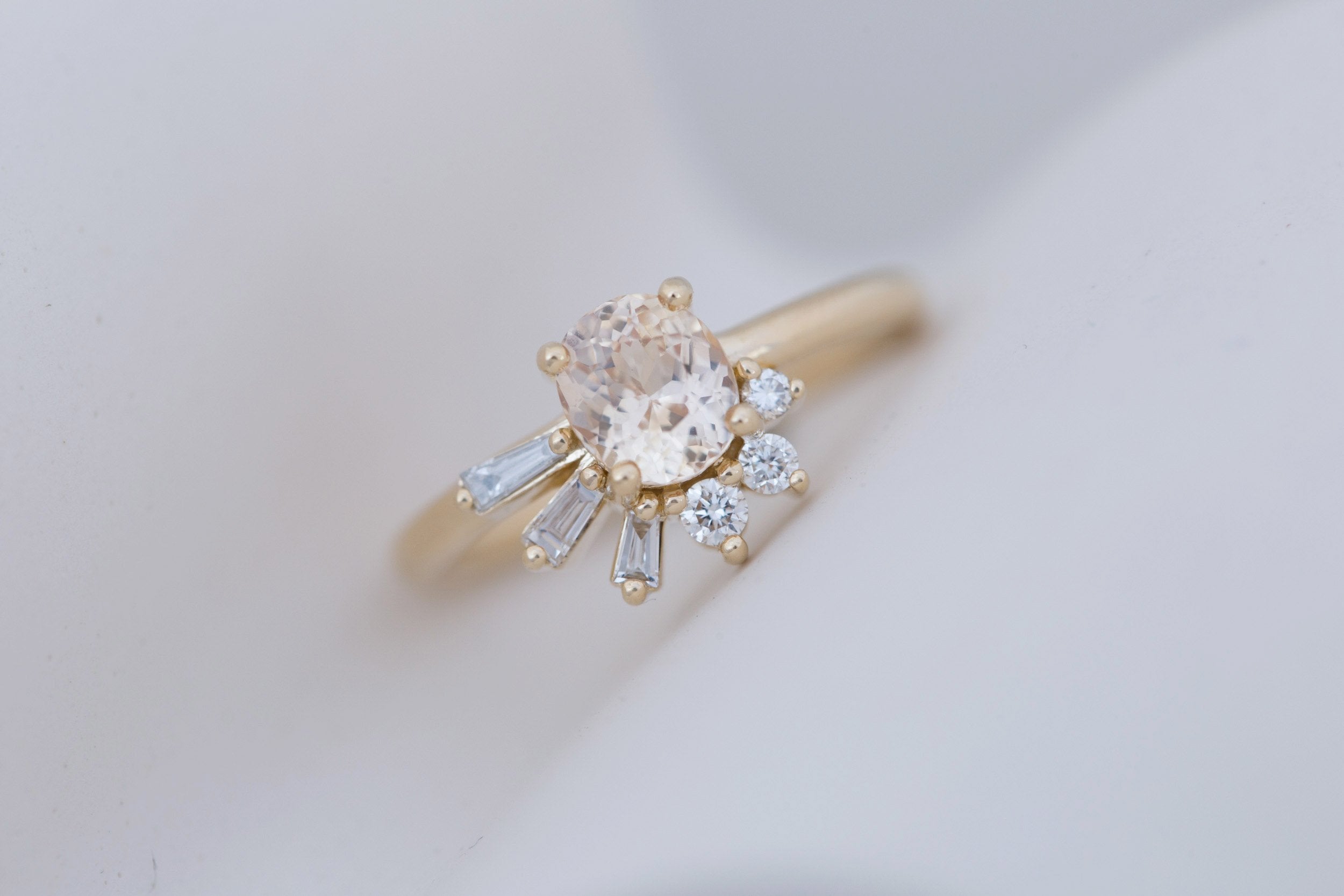 Sol Ring | Apricot Oval Sapphire + Baguette and Round Diamond Cluster Engagement Ring 1.21 ct | 14k Recycled Gold | One of a Kind