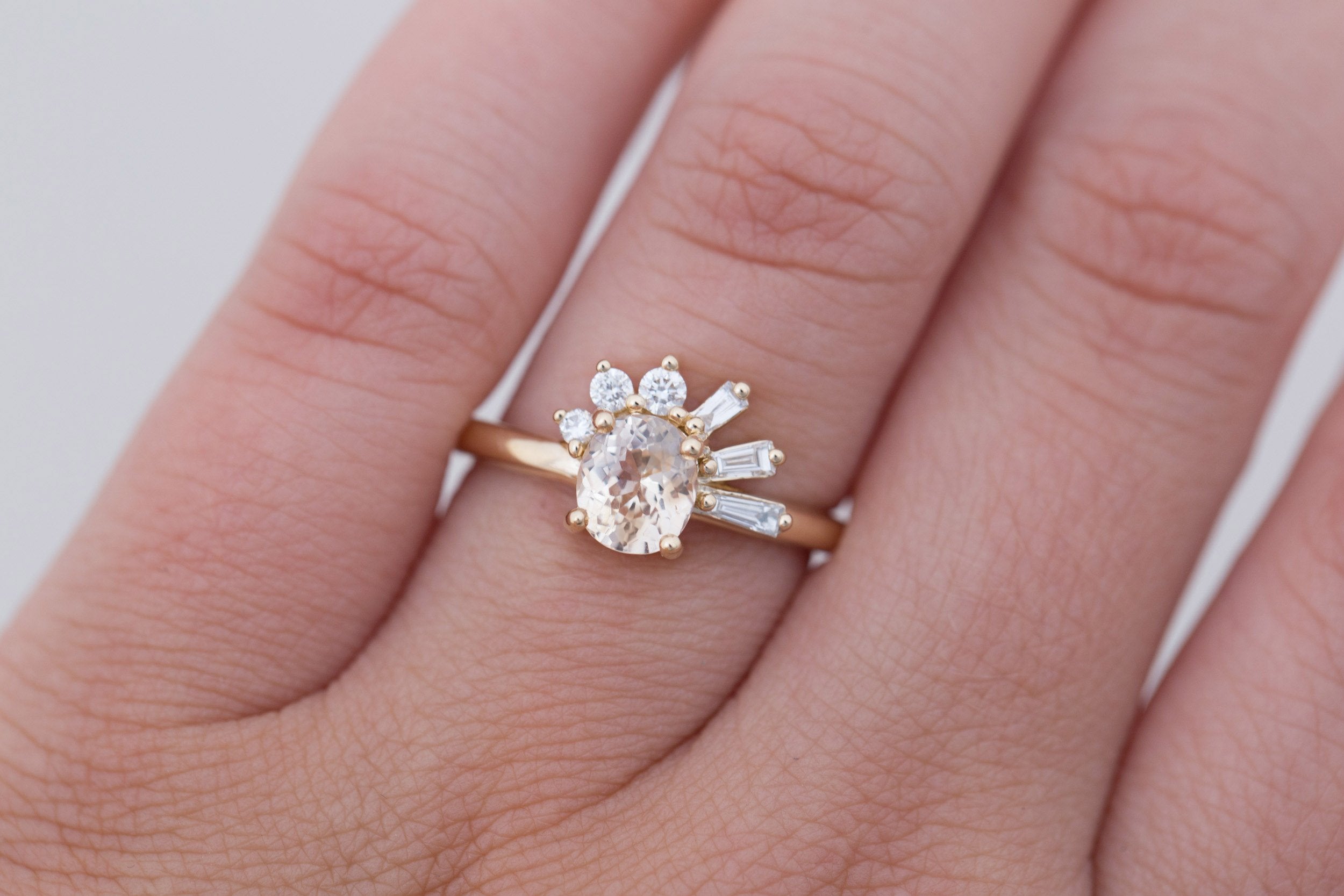 Sol Ring | Apricot Oval Sapphire + Baguette and Round Diamond Cluster Engagement Ring 1.21 ct | 14k Recycled Gold | One of a Kind