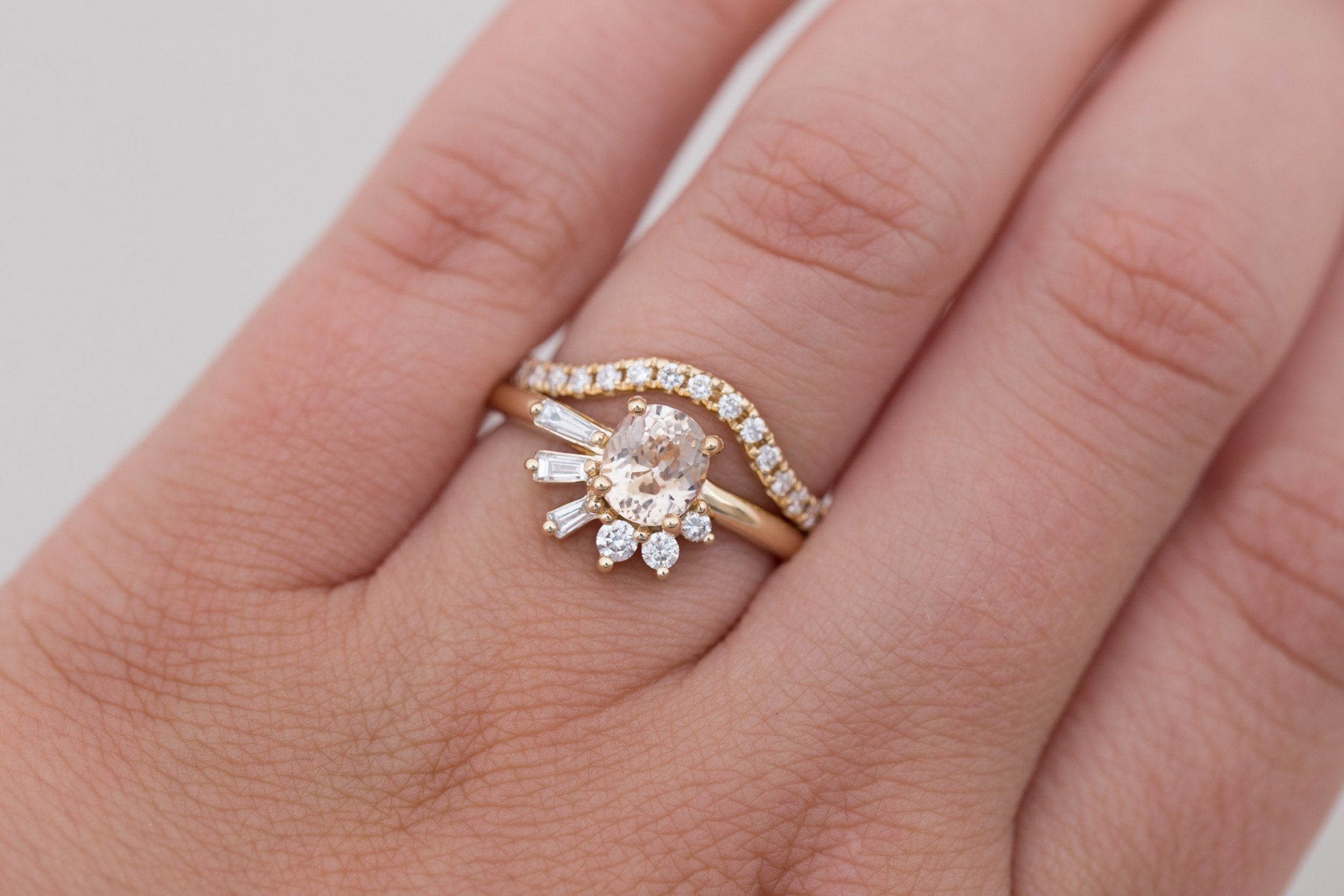 Sol Ring | Apricot Oval Sapphire + Baguette and Round Diamond Cluster Engagement Ring 1.21 ct | 14k Recycled Gold | One of a Kind