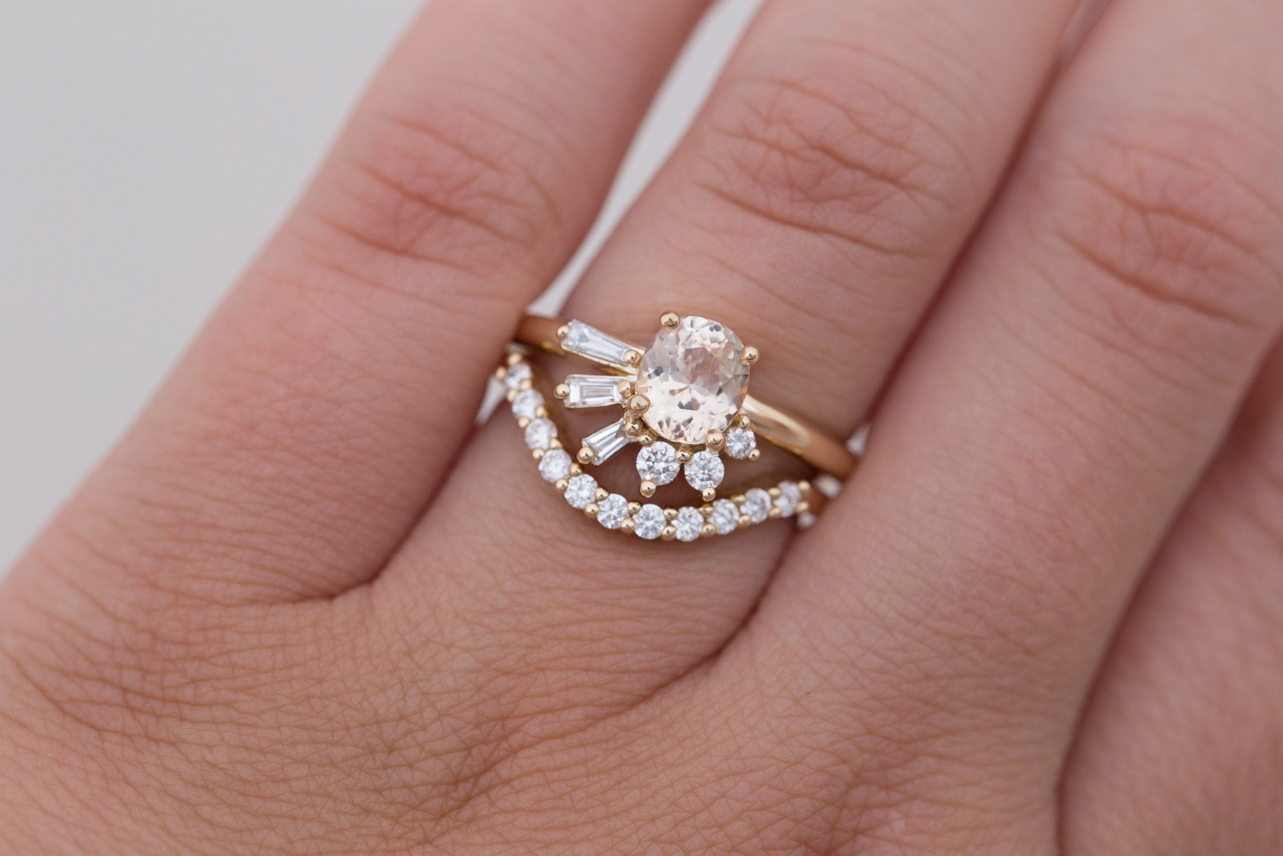 Sol Ring | Apricot Oval Sapphire + Baguette and Round Diamond Cluster Engagement Ring 1.21 ct | 14k Recycled Gold | One of a Kind