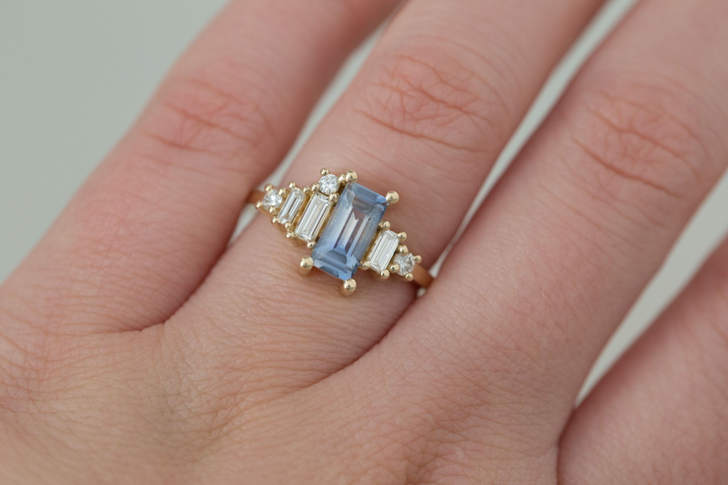 Atlas Ring | Bicolor Sapphire Baguette + Diamond Cluster Engagement Ring 1.21 ct | 14k Recycled Gold | One of a Kind