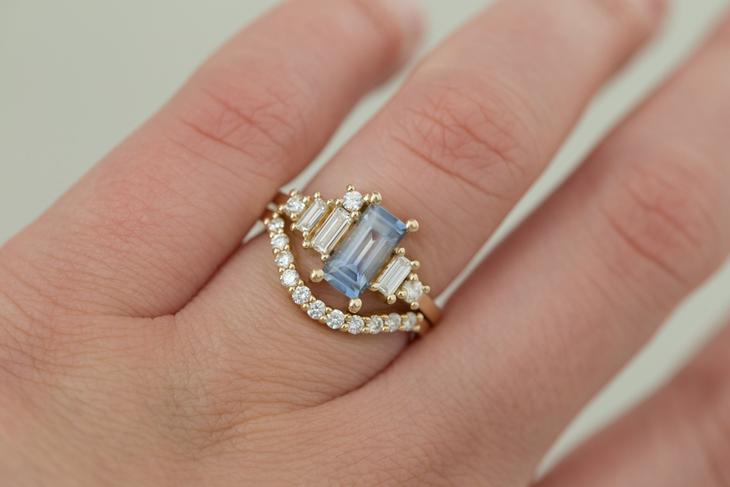 Atlas Ring | Bicolor Sapphire Baguette + Diamond Cluster Engagement Ring 1.21 ct | 14k Recycled Gold | One of a Kind