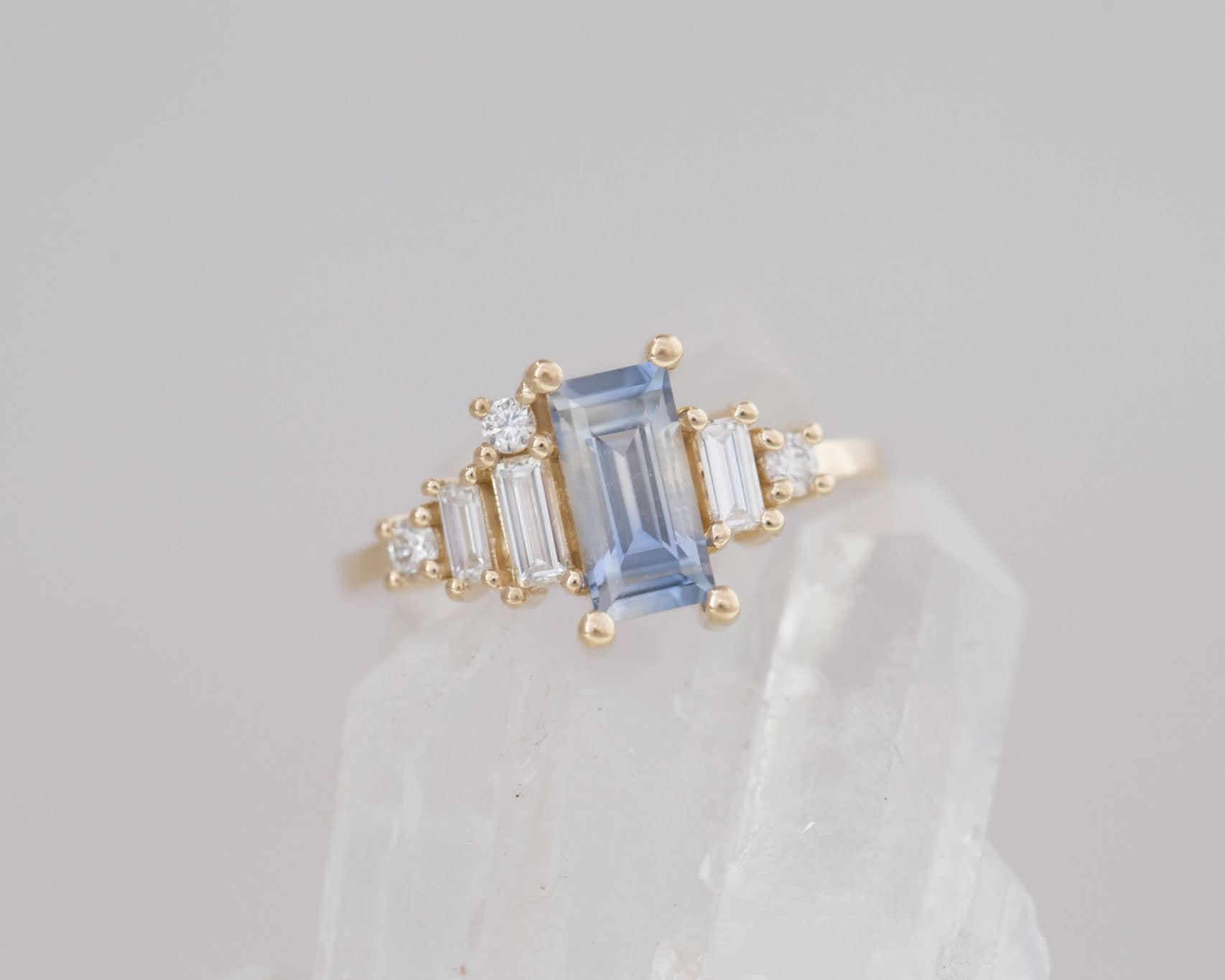 Atlas Ring | Bicolor Sapphire Baguette + Diamond Cluster Engagement Ring 1.21 ct | 14k Recycled Gold | One of a Kind