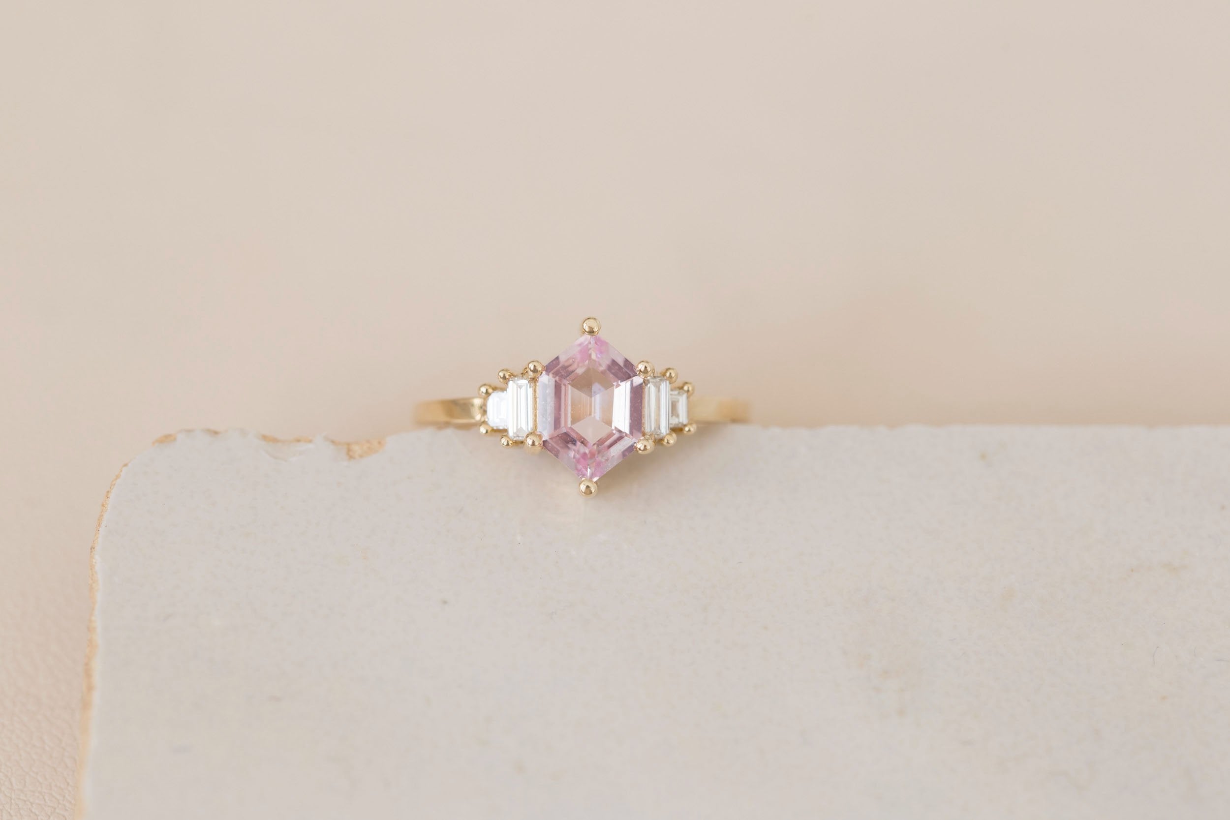 Ash Ring | Blush Hexagonal Sapphire + Diamond Baguette Engagement Ring 1.22 ct | 14k Recycled Gold | One of a Kind