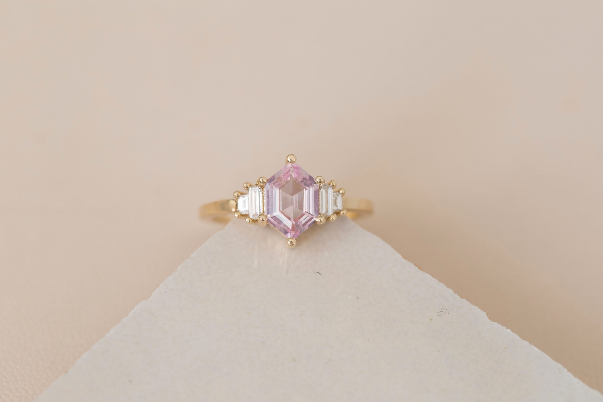 Ash Ring | Blush Hexagonal Sapphire + Diamond Baguette Engagement Ring 1.22 ct | 14k Recycled Gold | One of a Kind
