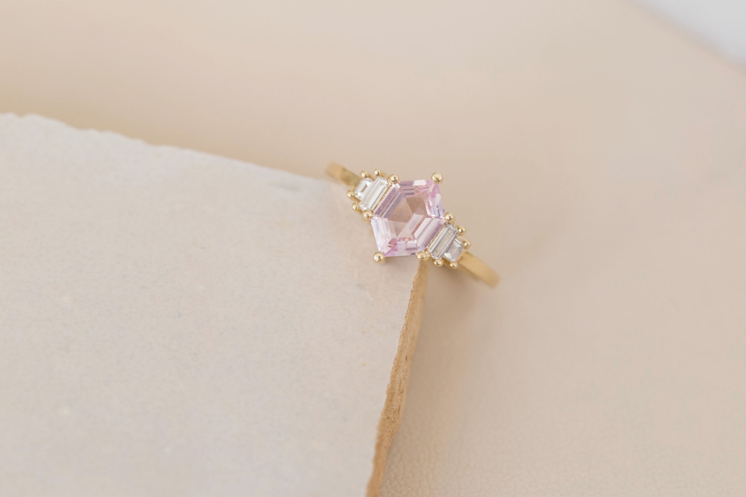 Ash Ring | Blush Hexagonal Sapphire + Diamond Baguette Engagement Ring 1.22 ct | 14k Recycled Gold | One of a Kind