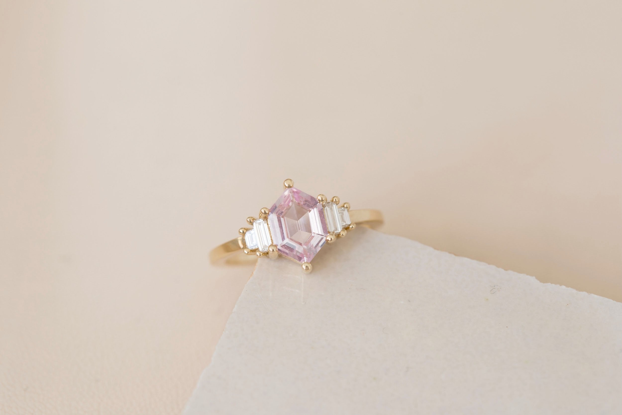 Ash Ring | Blush Hexagonal Sapphire + Diamond Baguette Engagement Ring 1.22 ct | 14k Recycled Gold | One of a Kind