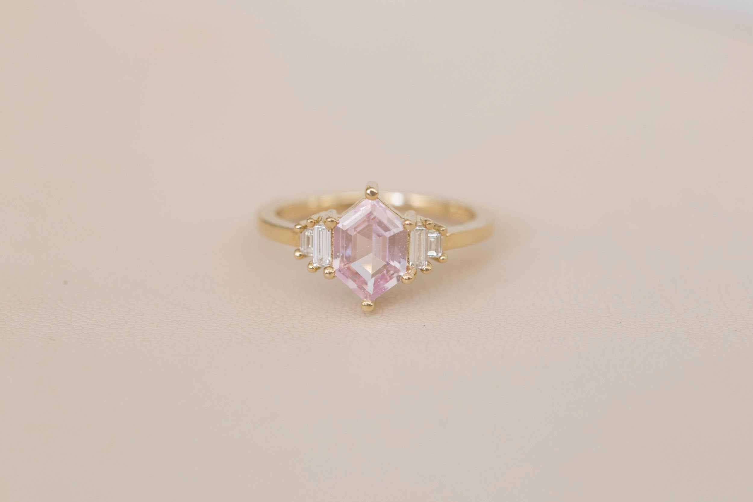 Ash Ring | Blush Hexagonal Sapphire + Diamond Baguette Engagement Ring 1.22 ct | 14k Recycled Gold | One of a Kind
