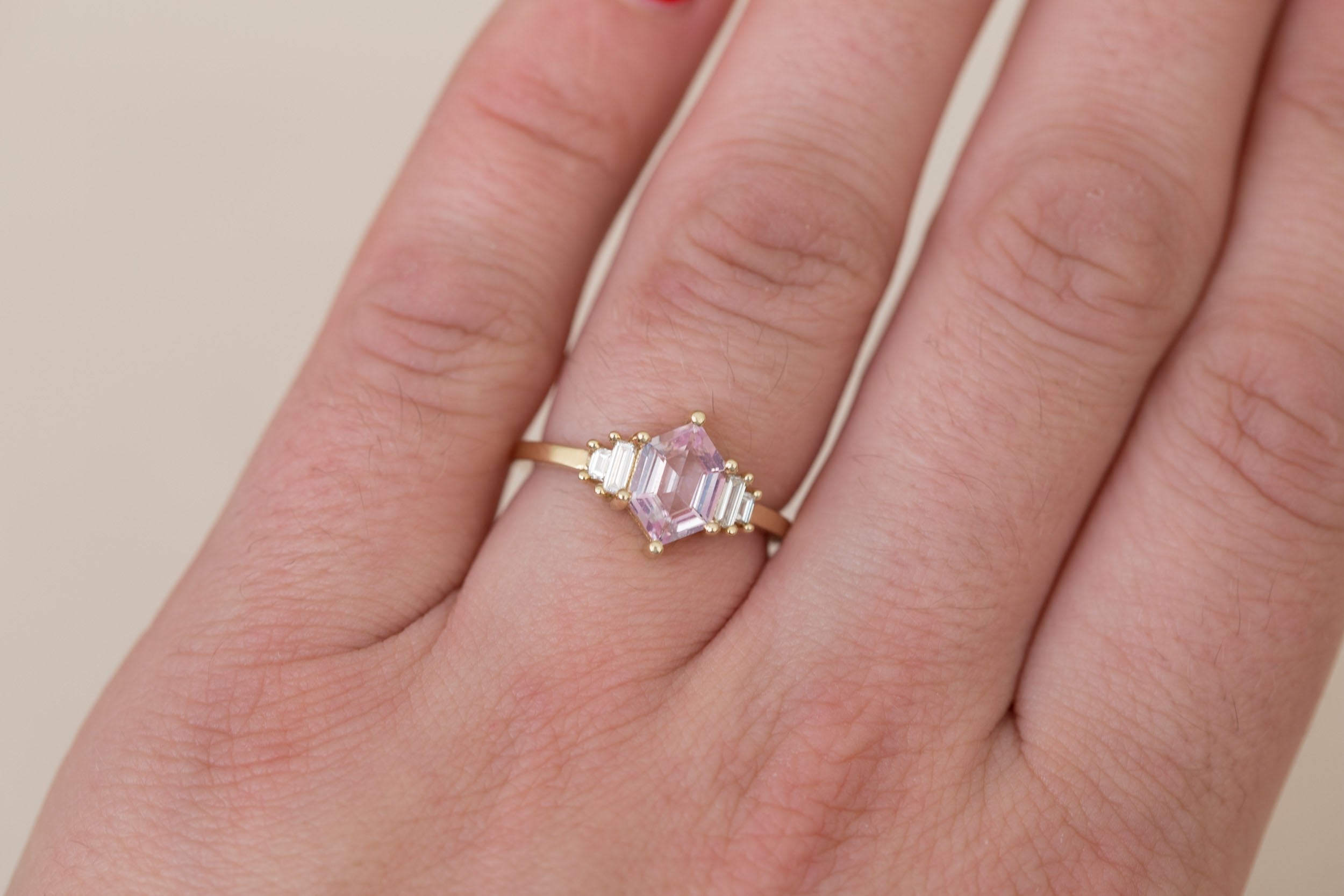 Ash Ring | Blush Hexagonal Sapphire + Diamond Baguette Engagement Ring 1.22 ct | 14k Recycled Gold | One of a Kind