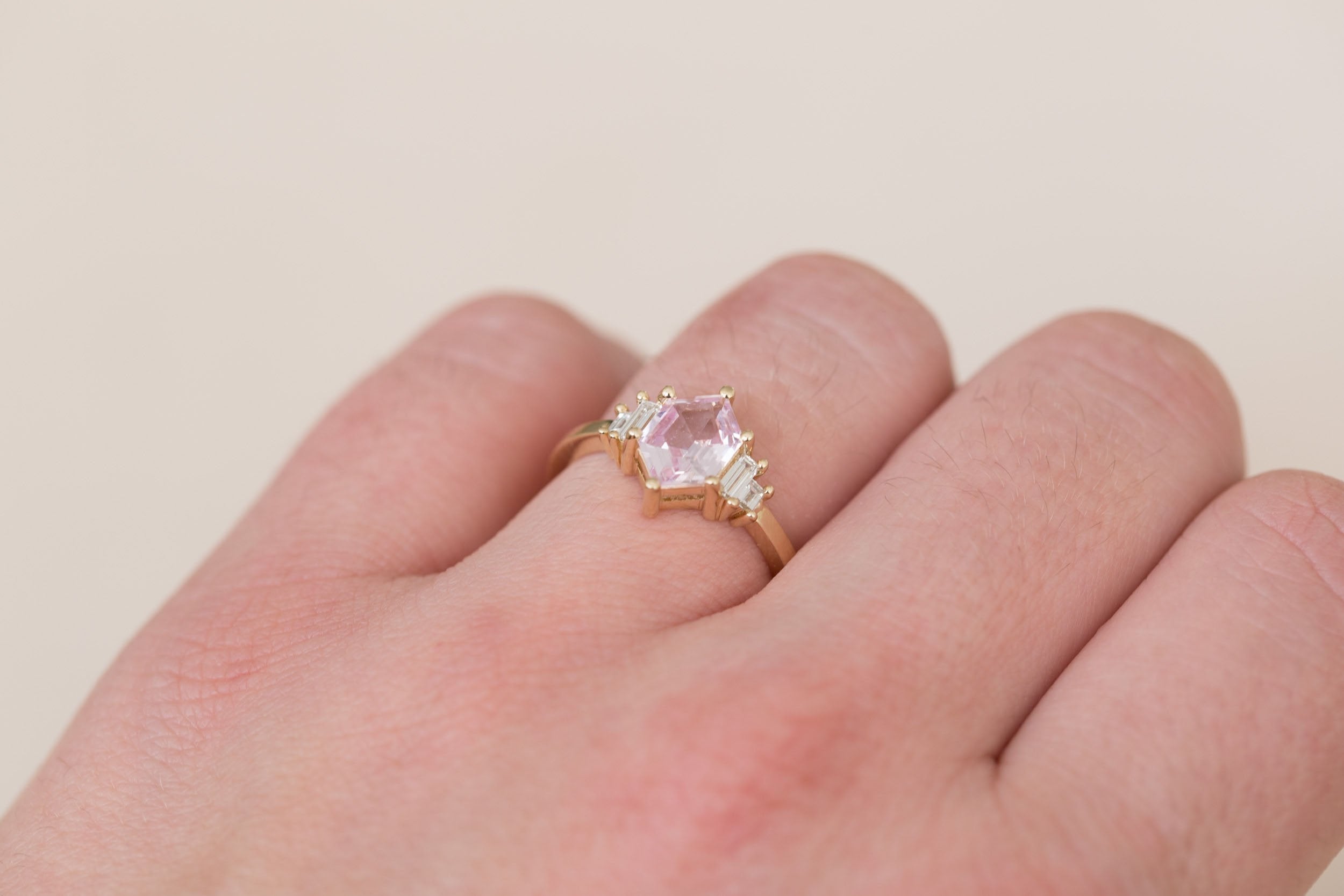 Ash Ring | Blush Hexagonal Sapphire + Diamond Baguette Engagement Ring 1.22 ct | 14k Recycled Gold | One of a Kind