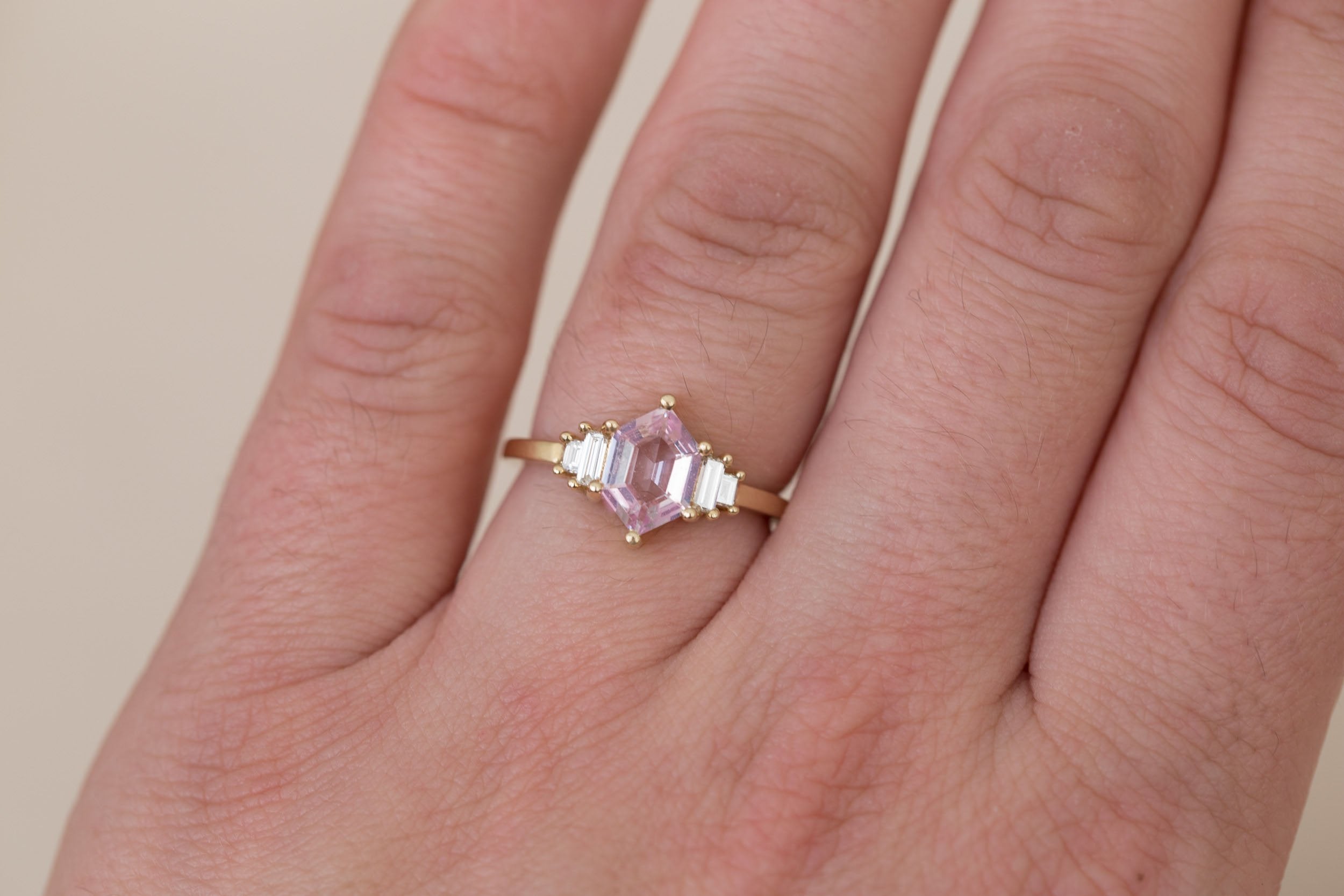 Ash Ring | Blush Hexagonal Sapphire + Diamond Baguette Engagement Ring 1.22 ct | 14k Recycled Gold | One of a Kind