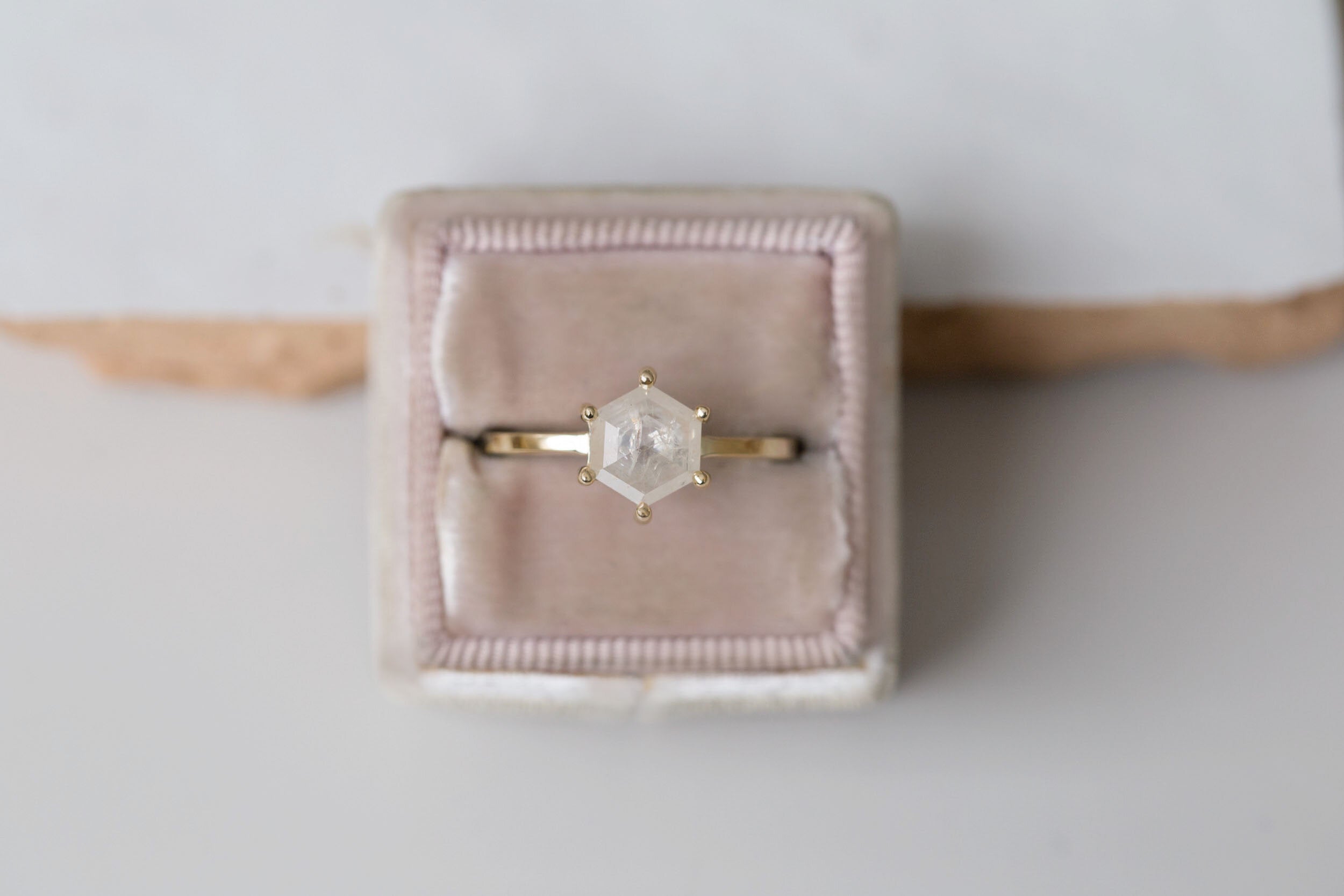 Opaque Silvery White Rustic Diamond Hexagon Engagement Ring 1.23 ct | 14k Recycled Gold | One of a Kind