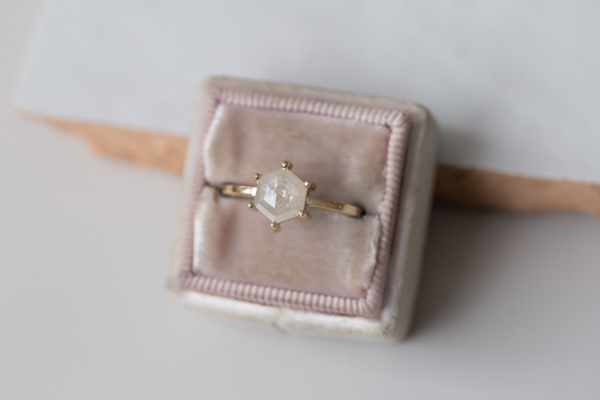 Opaque Silvery White Rustic Diamond Hexagon Engagement Ring 1.23 ct | 14k Recycled Gold | One of a Kind