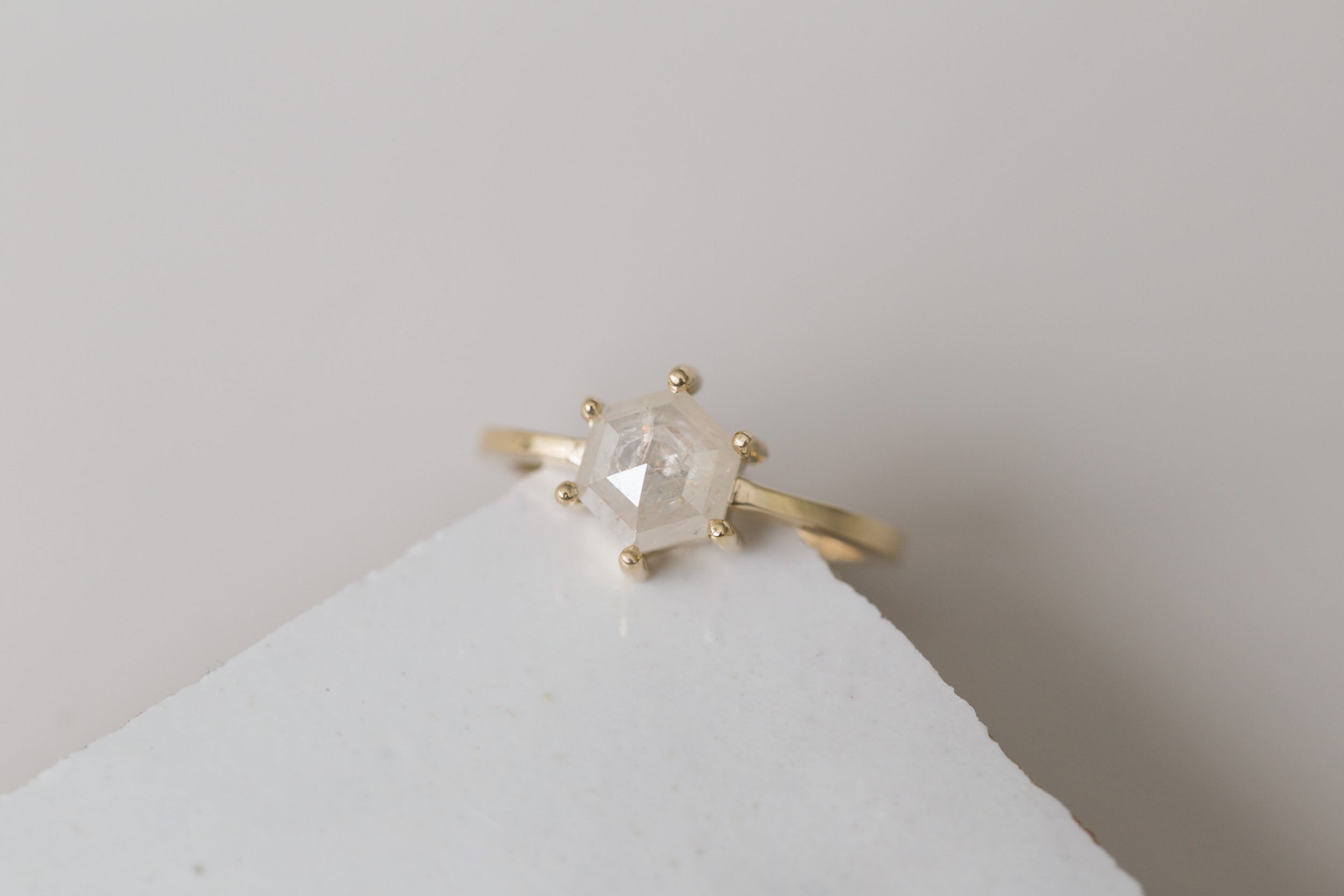 Opaque Silvery White Rustic Diamond Hexagon Engagement Ring 1.23 ct | 14k Recycled Gold | One of a Kind