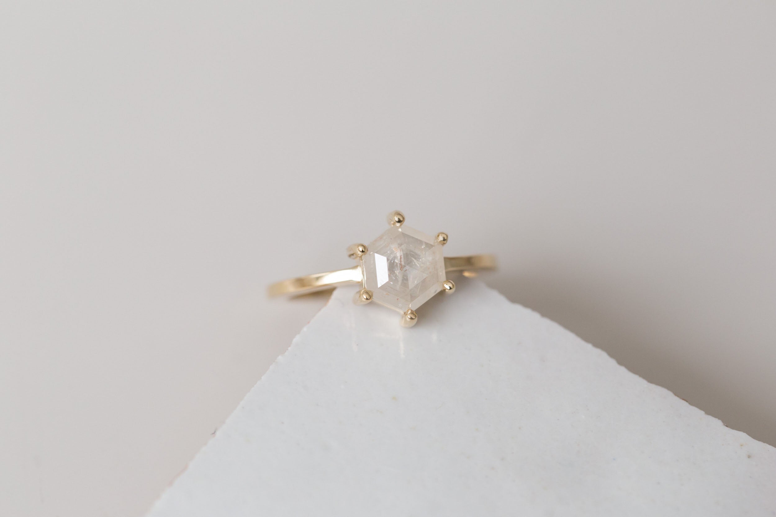 Opaque Silvery White Rustic Diamond Hexagon Engagement Ring 1.23 ct | 14k Recycled Gold | One of a Kind