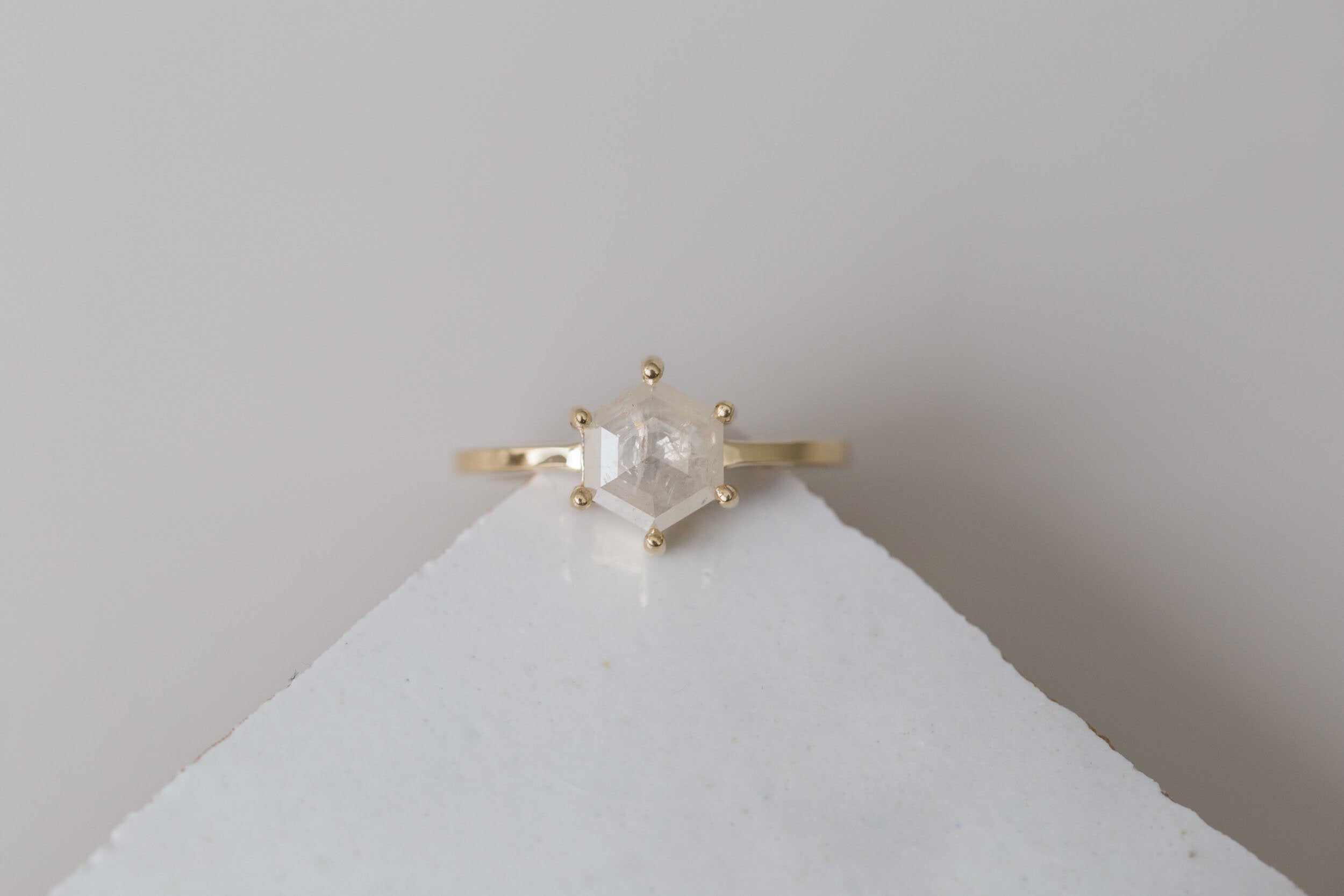 Opaque Silvery White Rustic Diamond Hexagon Engagement Ring 1.23 ct | 14k Recycled Gold | One of a Kind