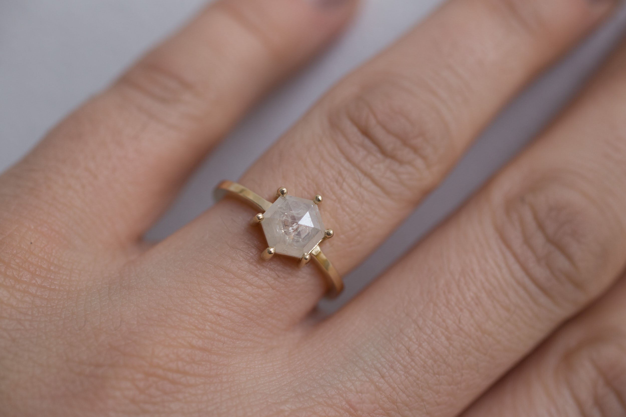 Opaque Silvery White Rustic Diamond Hexagon Engagement Ring 1.23 ct | 14k Recycled Gold | One of a Kind