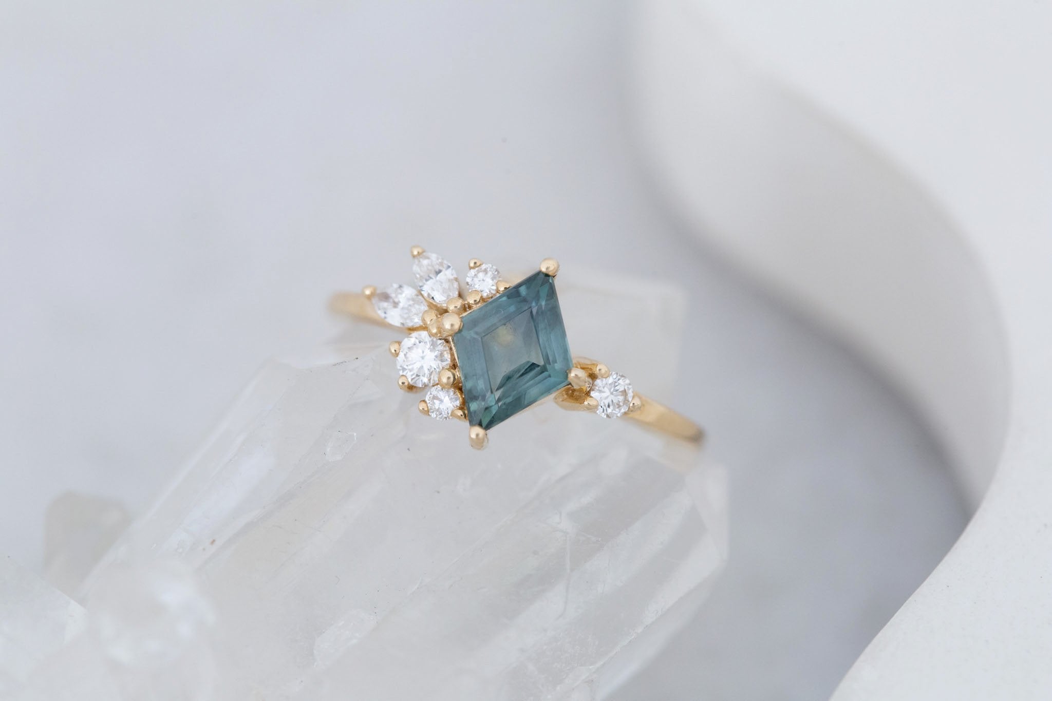Alden Ring | Teal Montana Sapphire Rhombus + Diamond Cluster Engagement Ring 1.11 ct | 14k Recycled Gold | One of a Kind