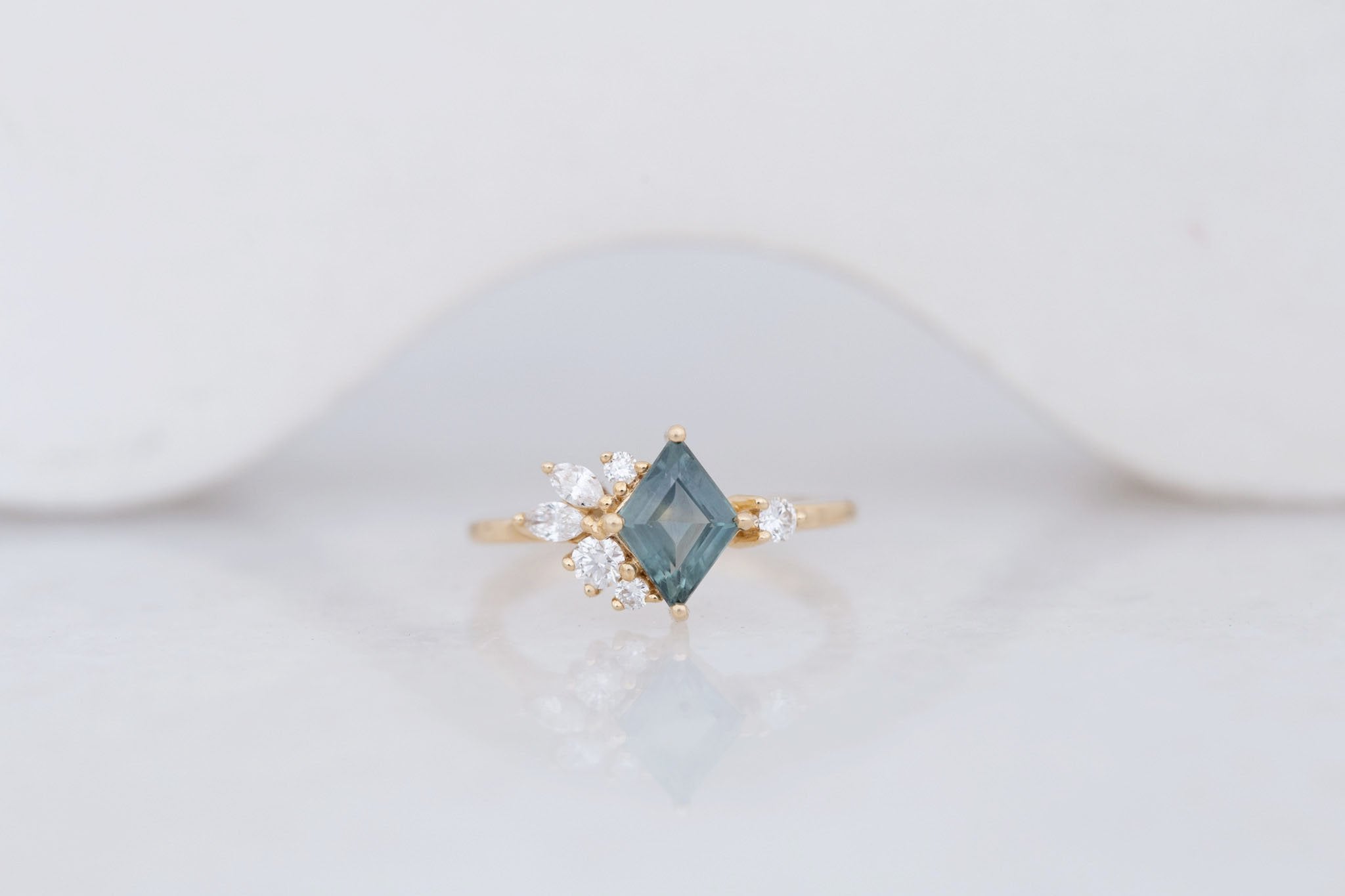 Alden Ring | Teal Montana Sapphire Rhombus + Diamond Cluster Engagement Ring 1.11 ct | 14k Recycled Gold | One of a Kind