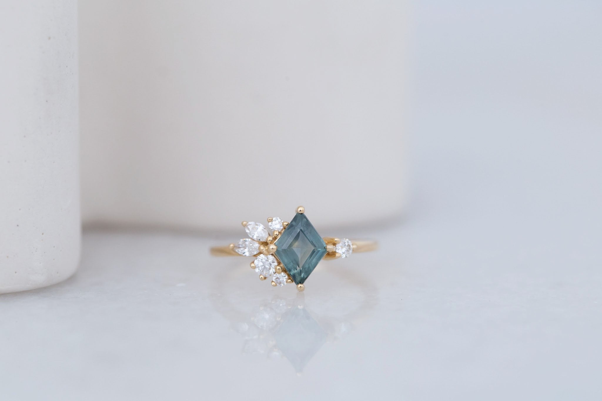 Alden Ring | Teal Montana Sapphire Rhombus + Diamond Cluster Engagement Ring 1.11 ct | 14k Recycled Gold | One of a Kind