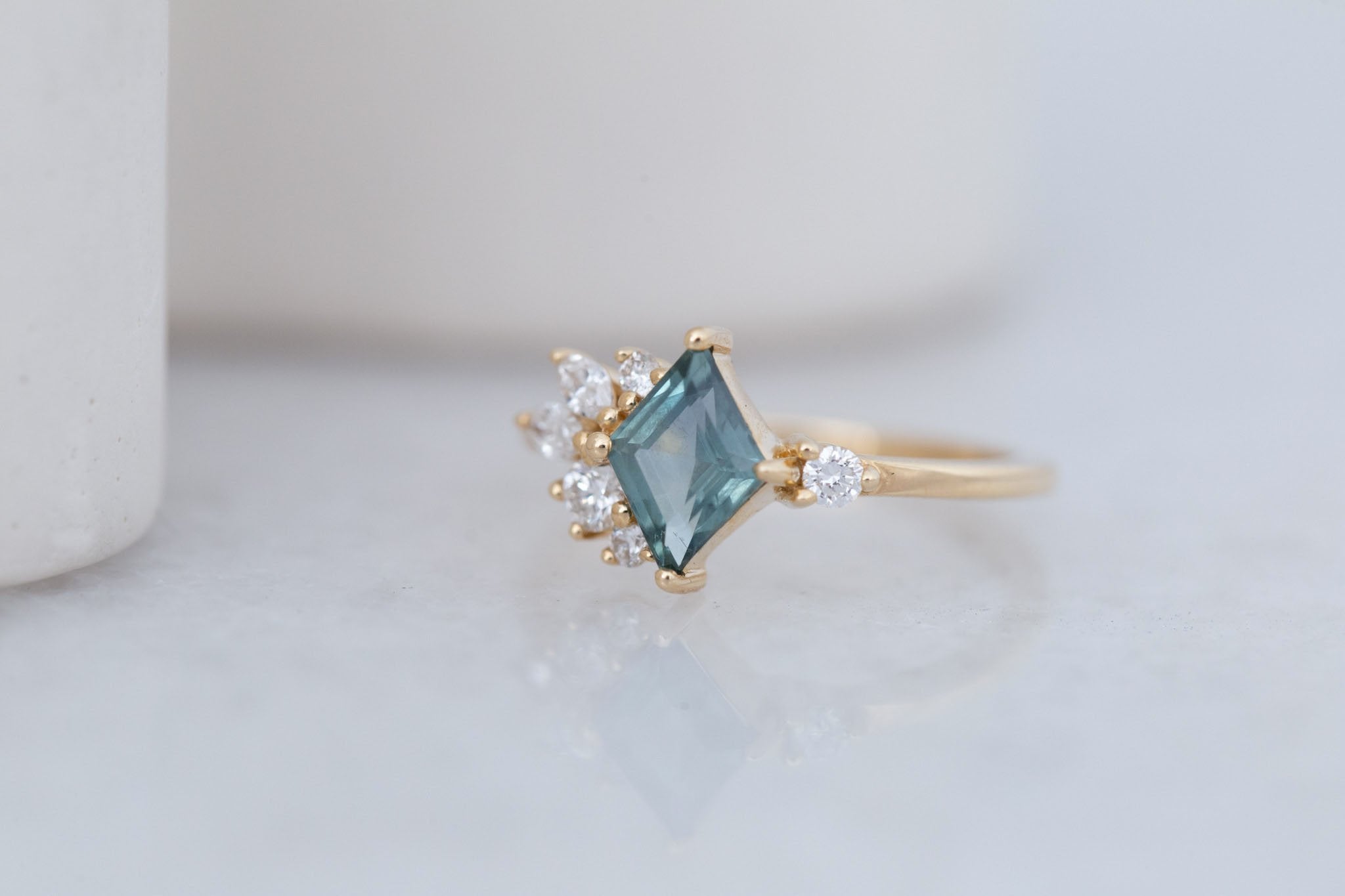 Alden Ring | Teal Montana Sapphire Rhombus + Diamond Cluster Engagement Ring 1.11 ct | 14k Recycled Gold | One of a Kind