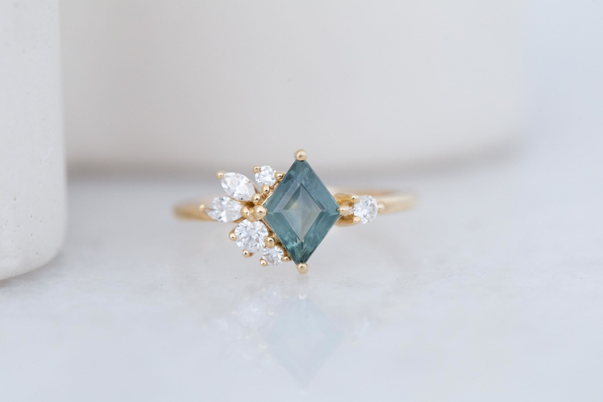 Alden Ring | Teal Montana Sapphire Rhombus + Diamond Cluster Engagement Ring 1.11 ct | 14k Recycled Gold | One of a Kind