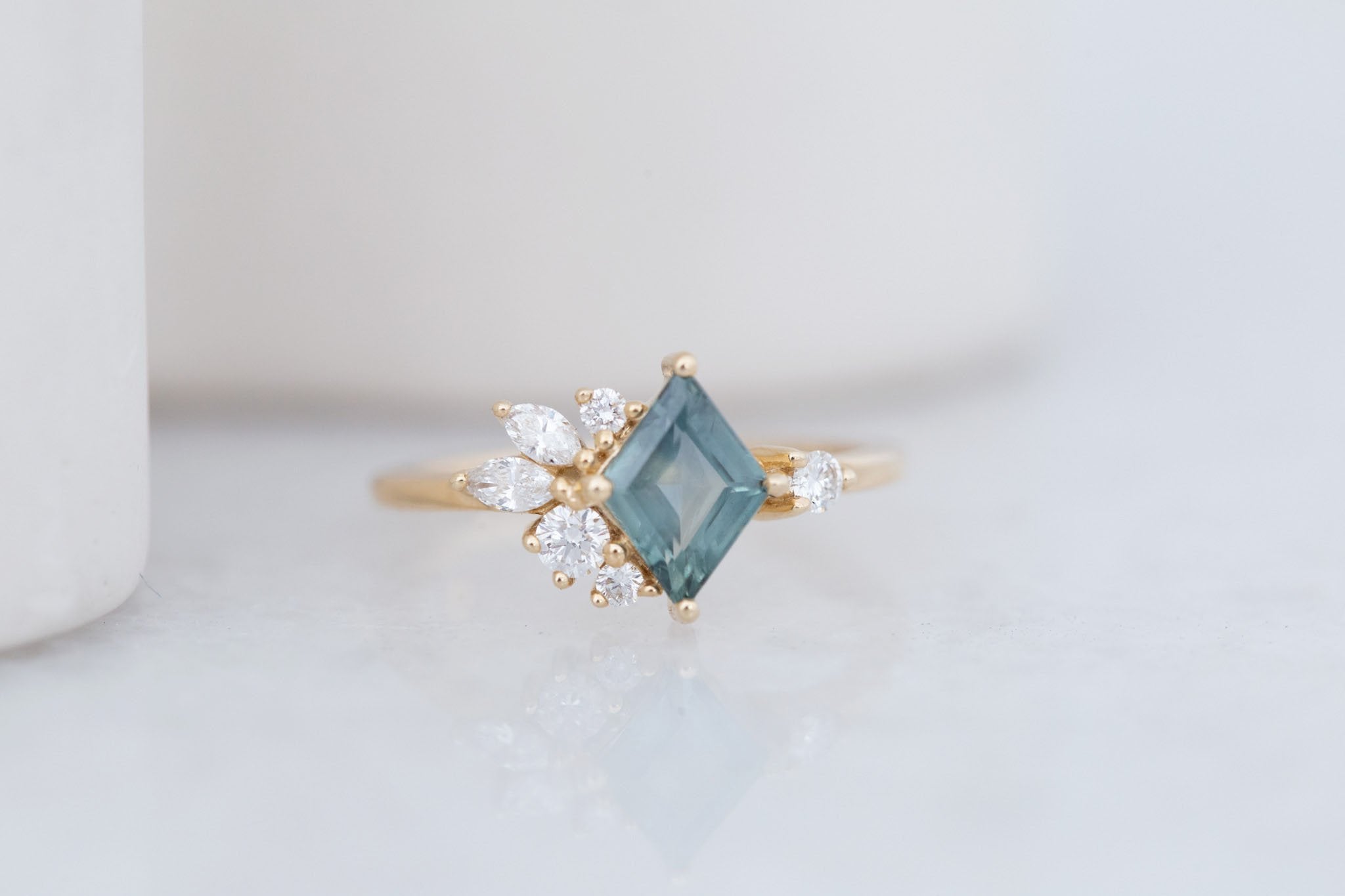Alden Ring | Teal Montana Sapphire Rhombus + Diamond Cluster Engagement Ring 1.11 ct | 14k Recycled Gold | One of a Kind