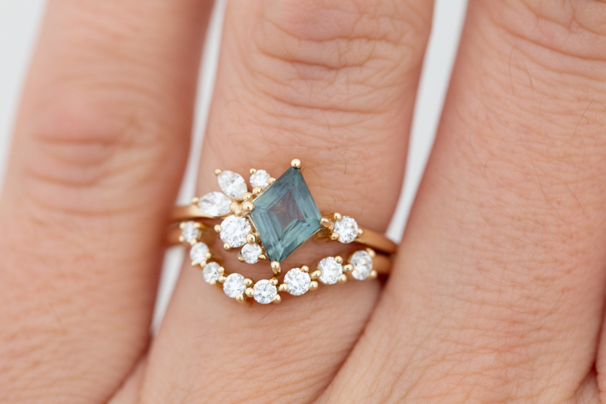 Alden Ring | Teal Montana Sapphire Rhombus + Diamond Cluster Engagement Ring 1.11 ct | 14k Recycled Gold | One of a Kind